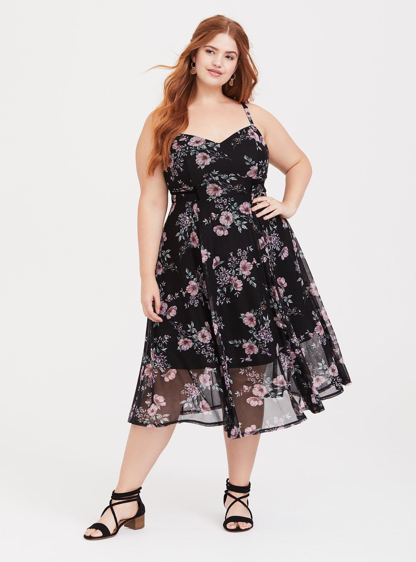 Plus Size - Black Floral Mesh Midi Dress - Torrid