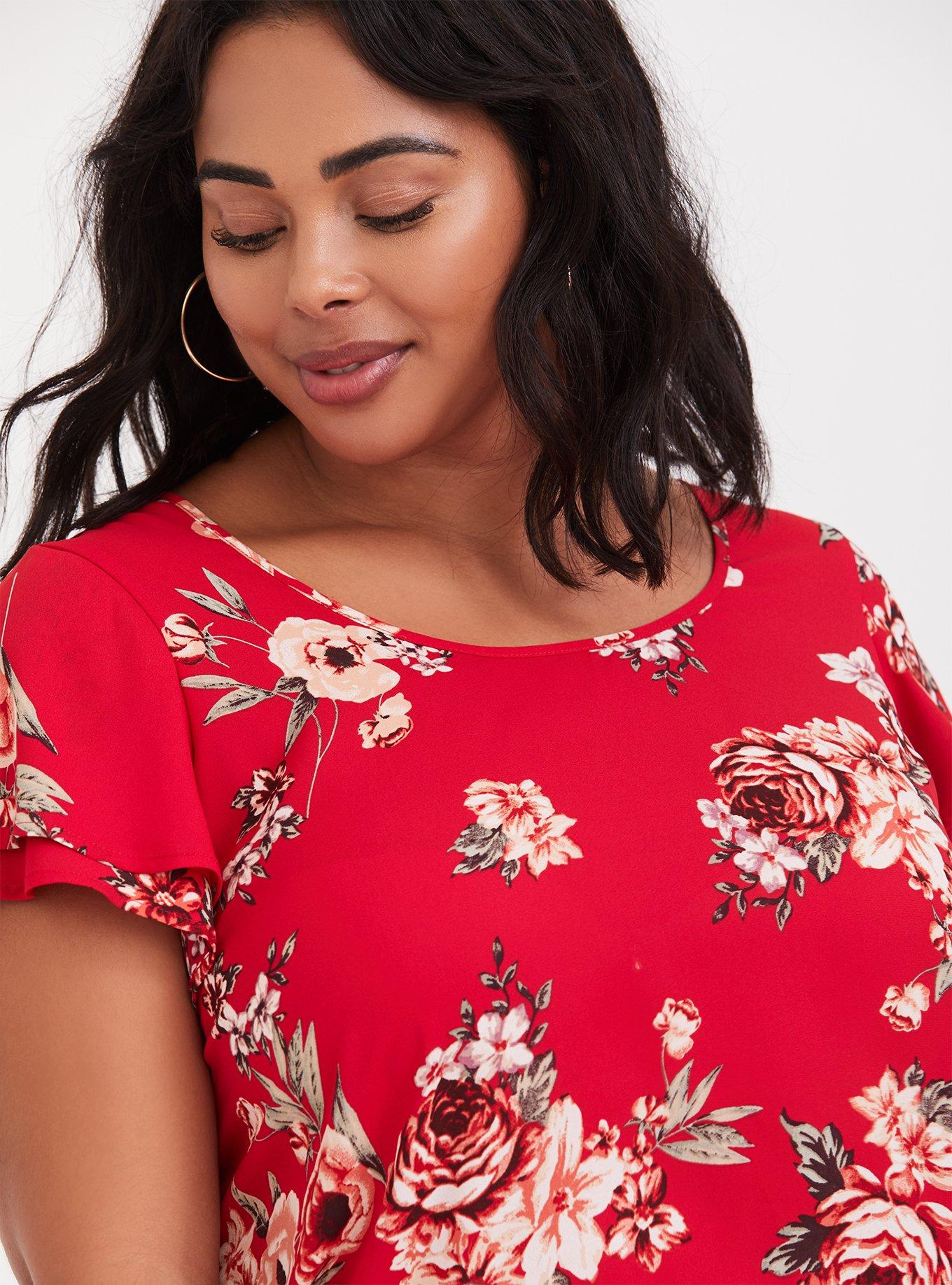 Plus Size Georgette Flutter Sleeve Blouse, FLORAL RED, alternate