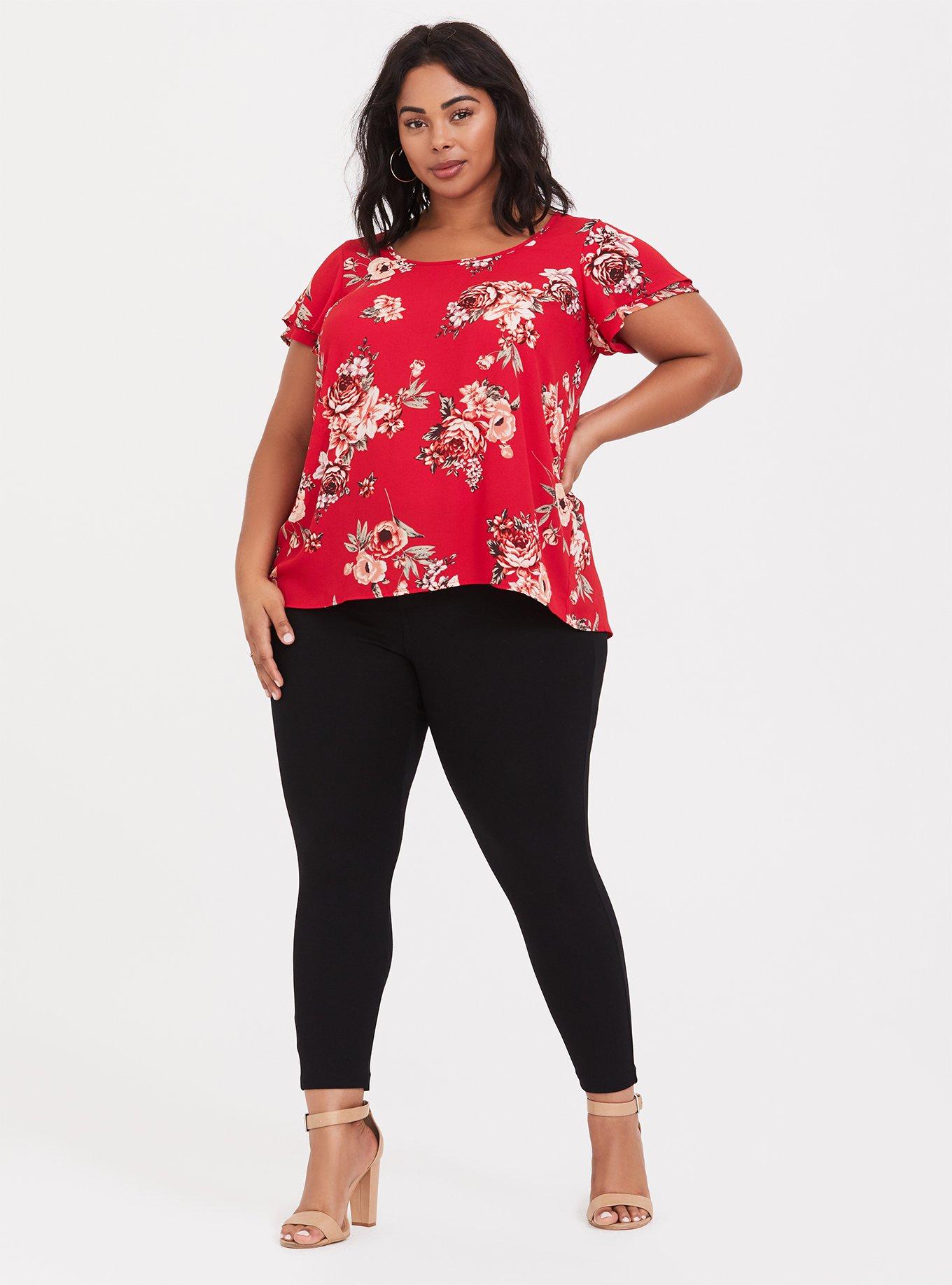 Plus Size Georgette Flutter Sleeve Blouse, FLORAL RED, alternate