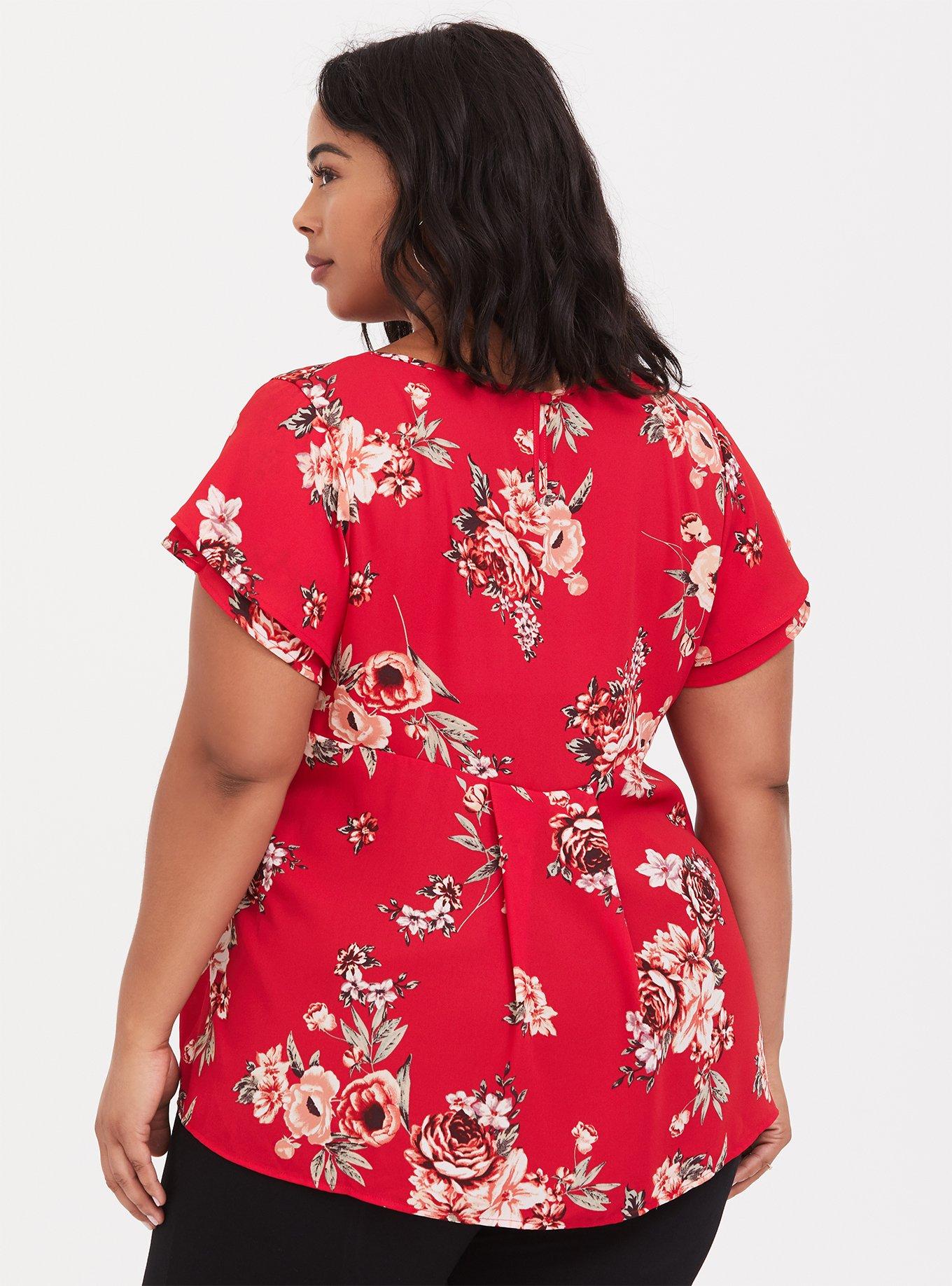 Plus Size Georgette Flutter Sleeve Blouse, FLORAL RED, alternate