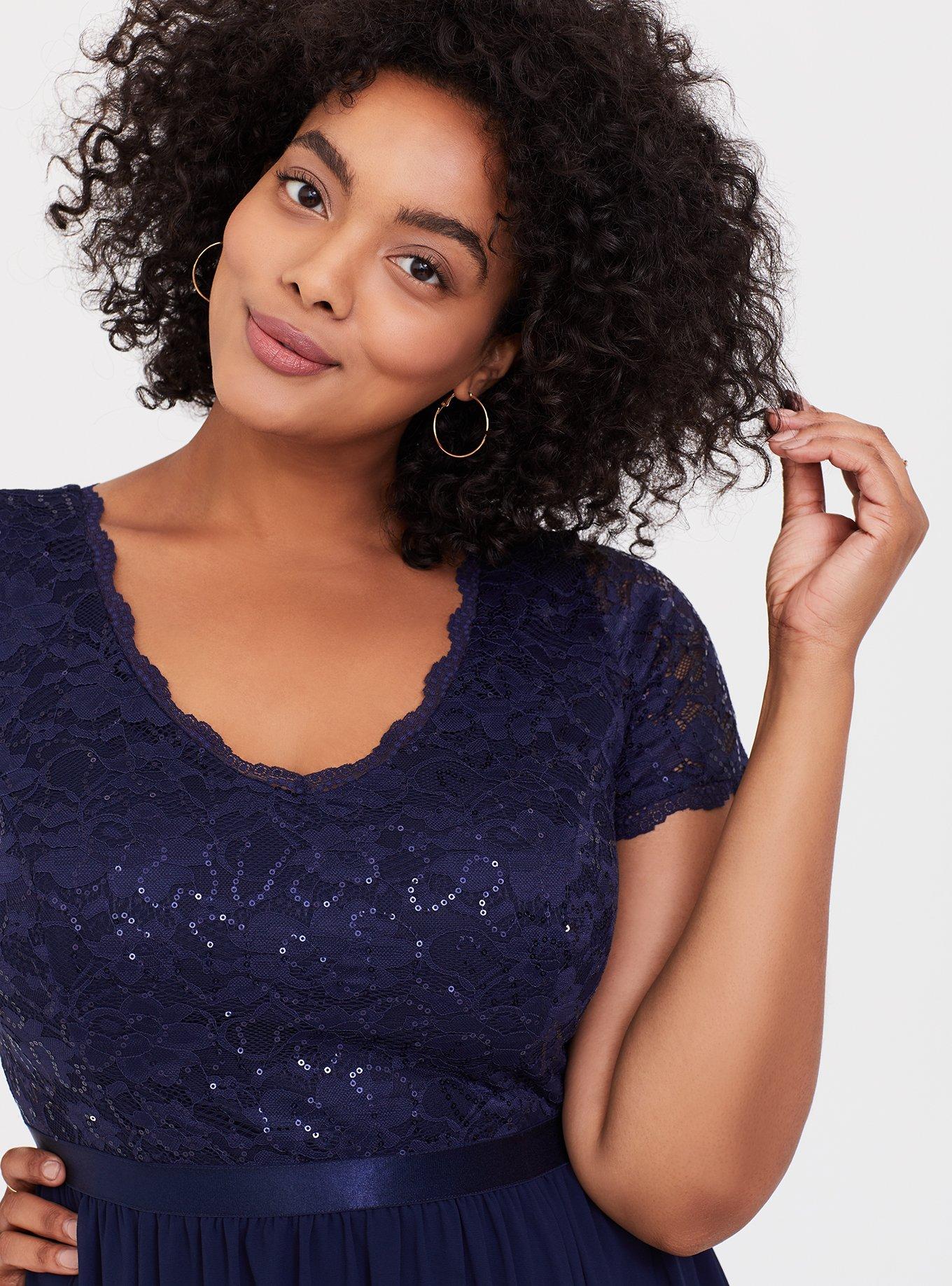 Plus Size - Special Occasion Navy Sequin & Lace Chiffon Gown - Torrid