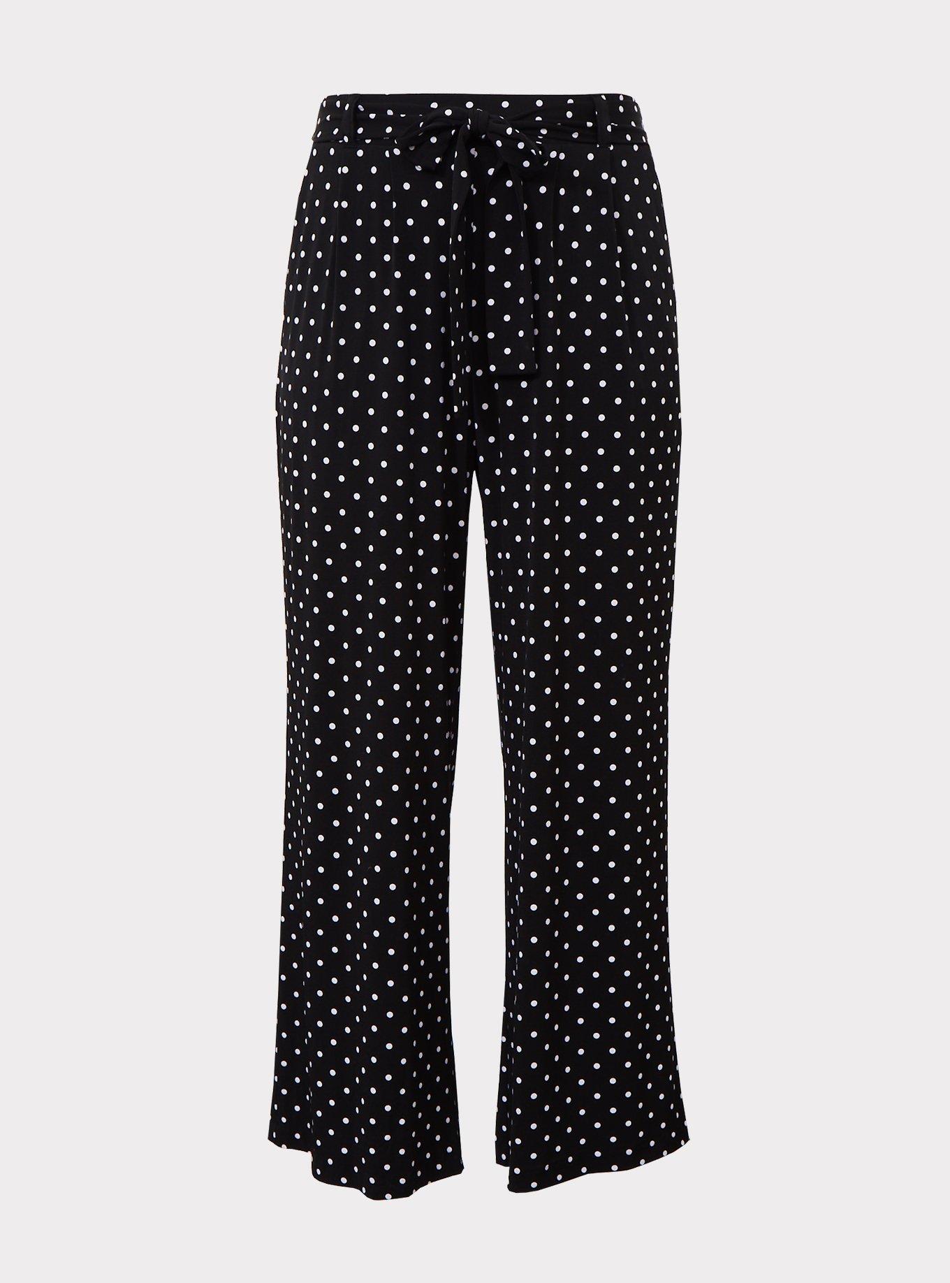 Plus Size - Black Polka Dot Studio Knit Tie Front Wide Leg Pant