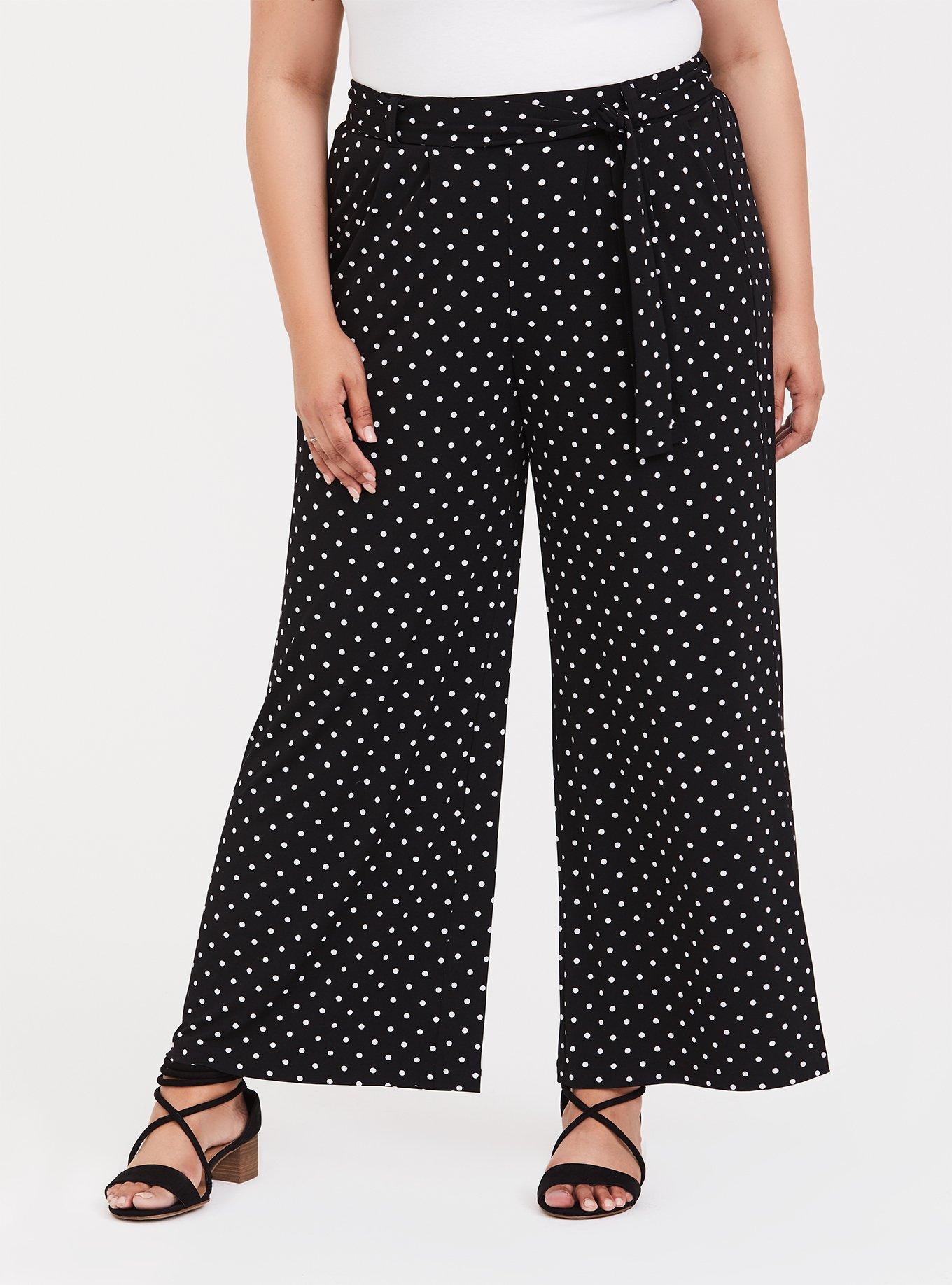 Plus Size - Black Polka Dot Studio Knit Tie Front Wide Leg Pant