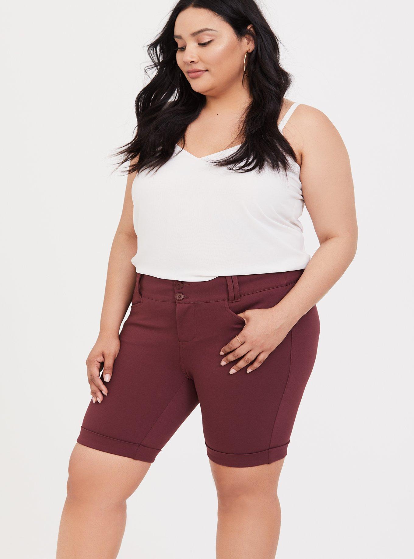 Plus Size Studio Signature Ponte Stretch Cuffed Bermuda Short - Burgundy Red, RED, alternate