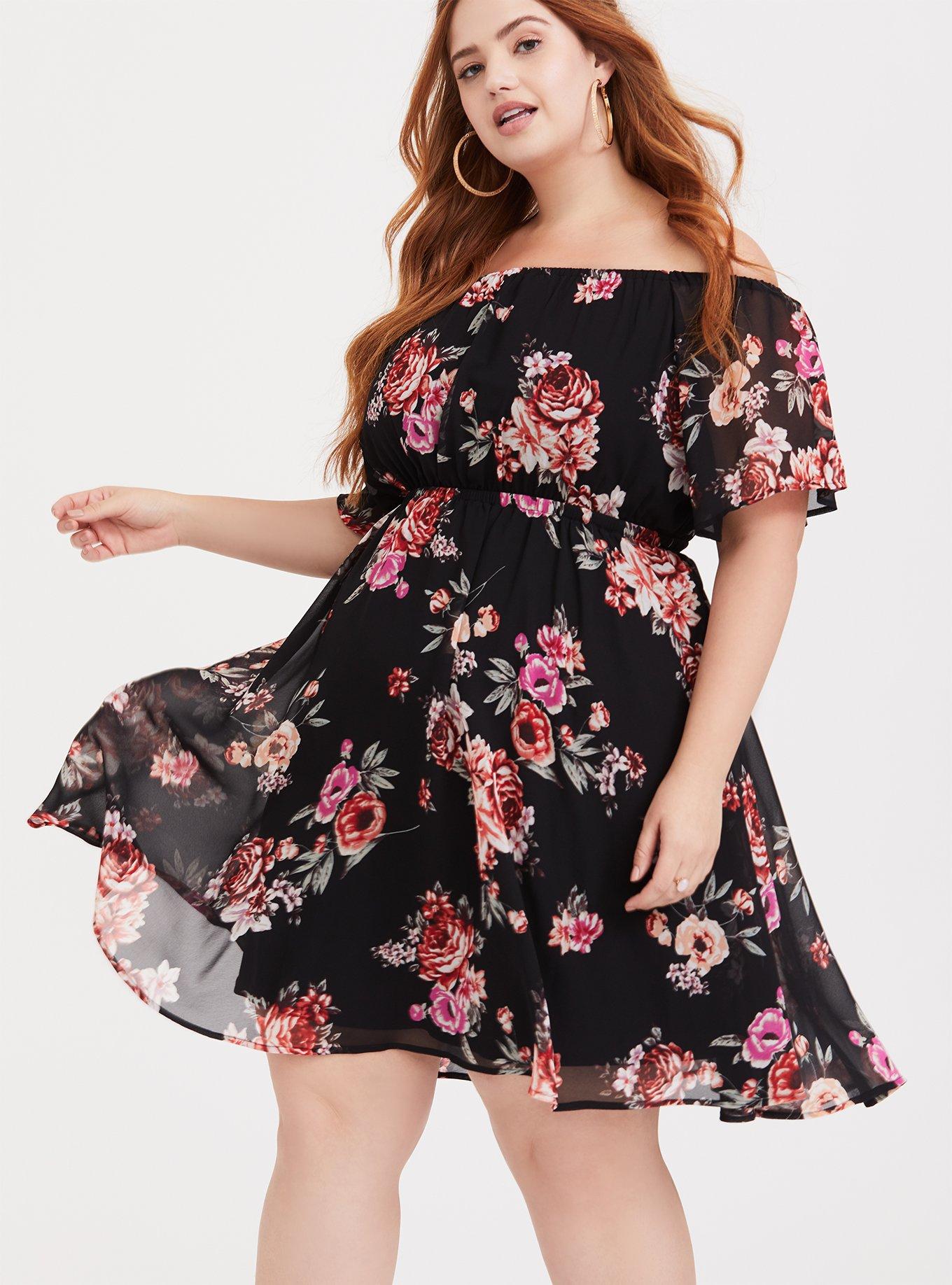 Plus Size Mini Chiffon Off-Shoulder Skater Dress, FLORAL BLACK, alternate