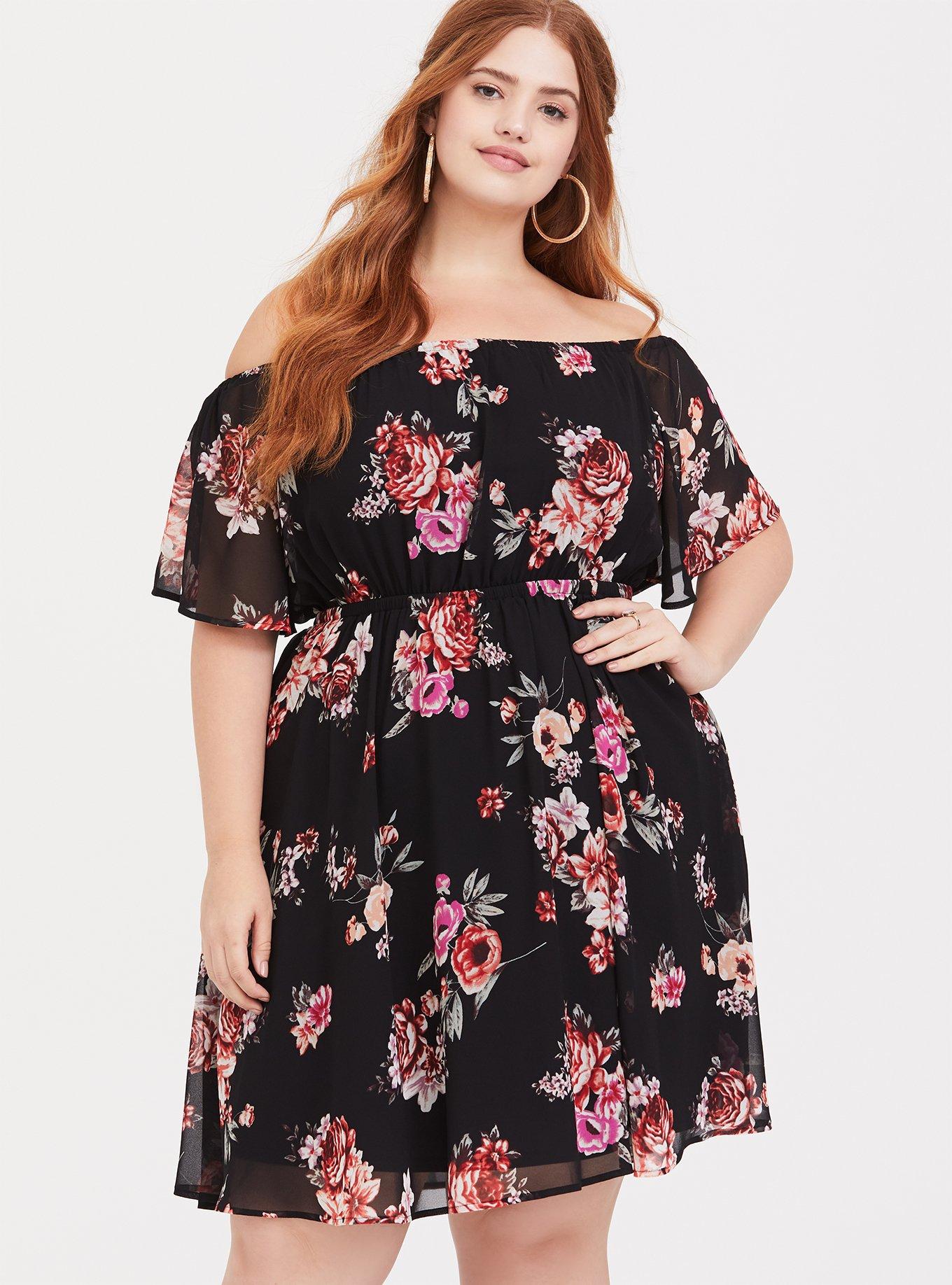Plus Size Mini Chiffon Off-Shoulder Skater Dress, FLORAL BLACK, alternate