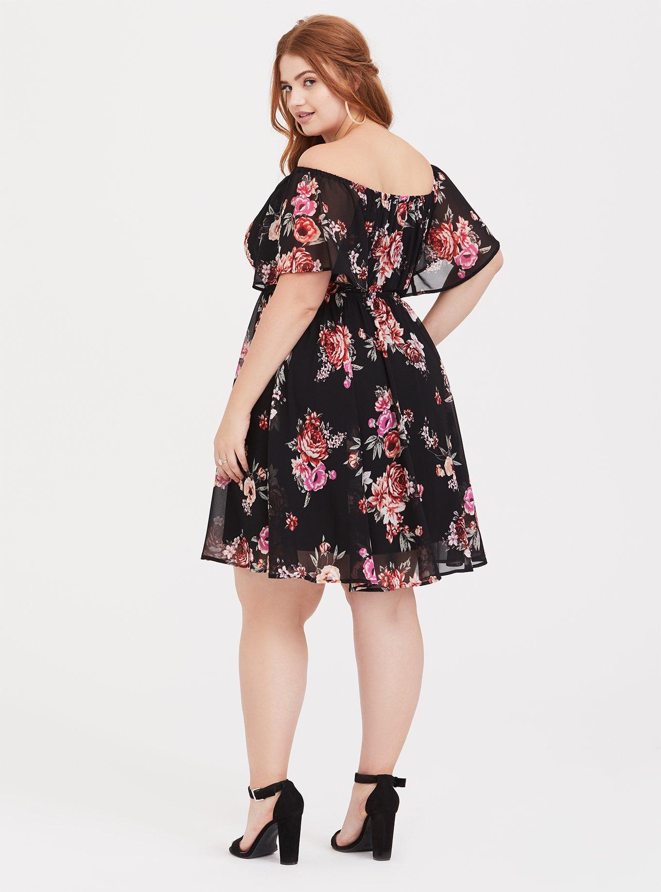 Plus Size Mini Chiffon Off-Shoulder Skater Dress, FLORAL BLACK, alternate