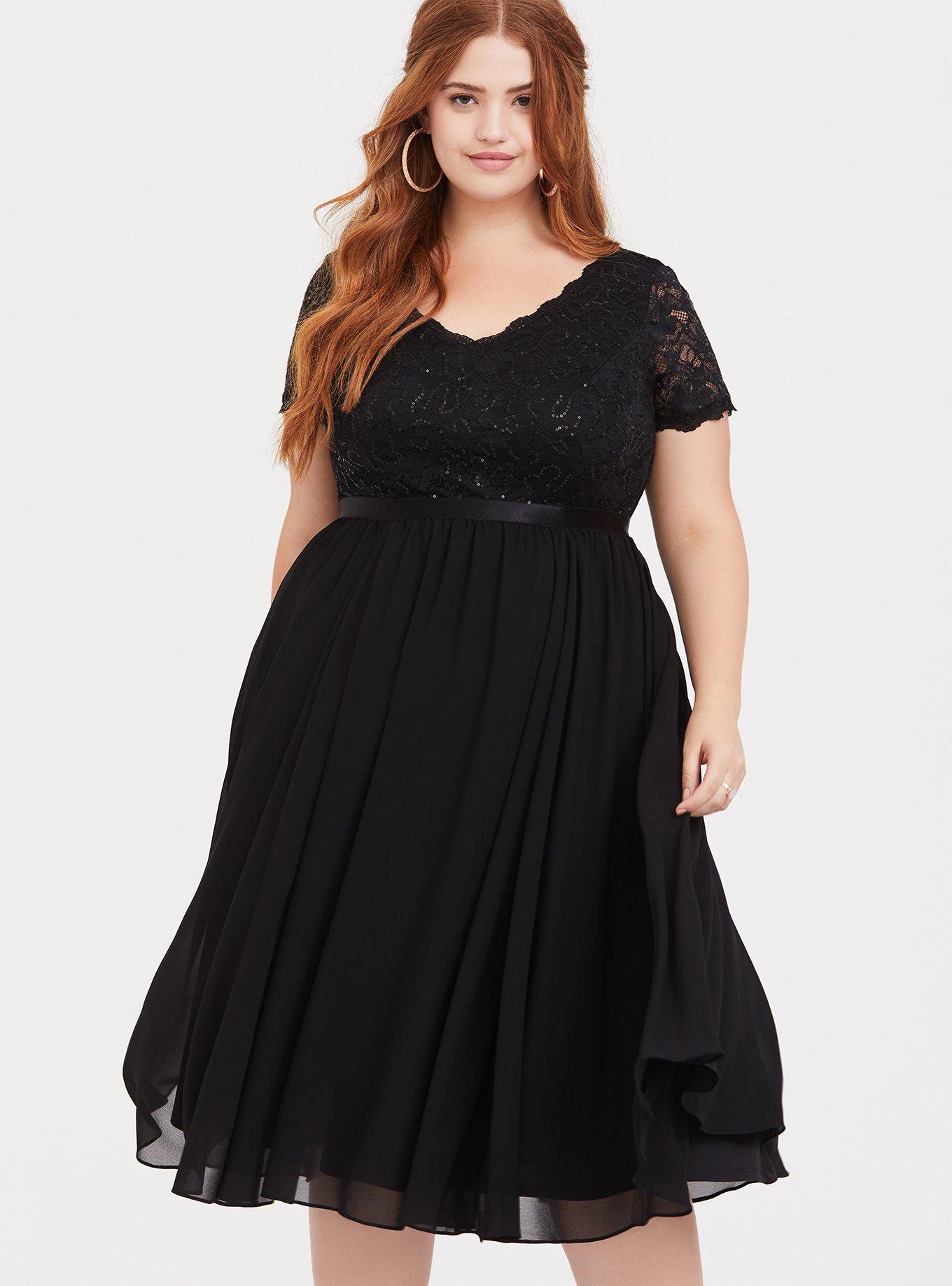 Plus Size - Black Sequin & Lace Chiffon Midi Dress - Torrid