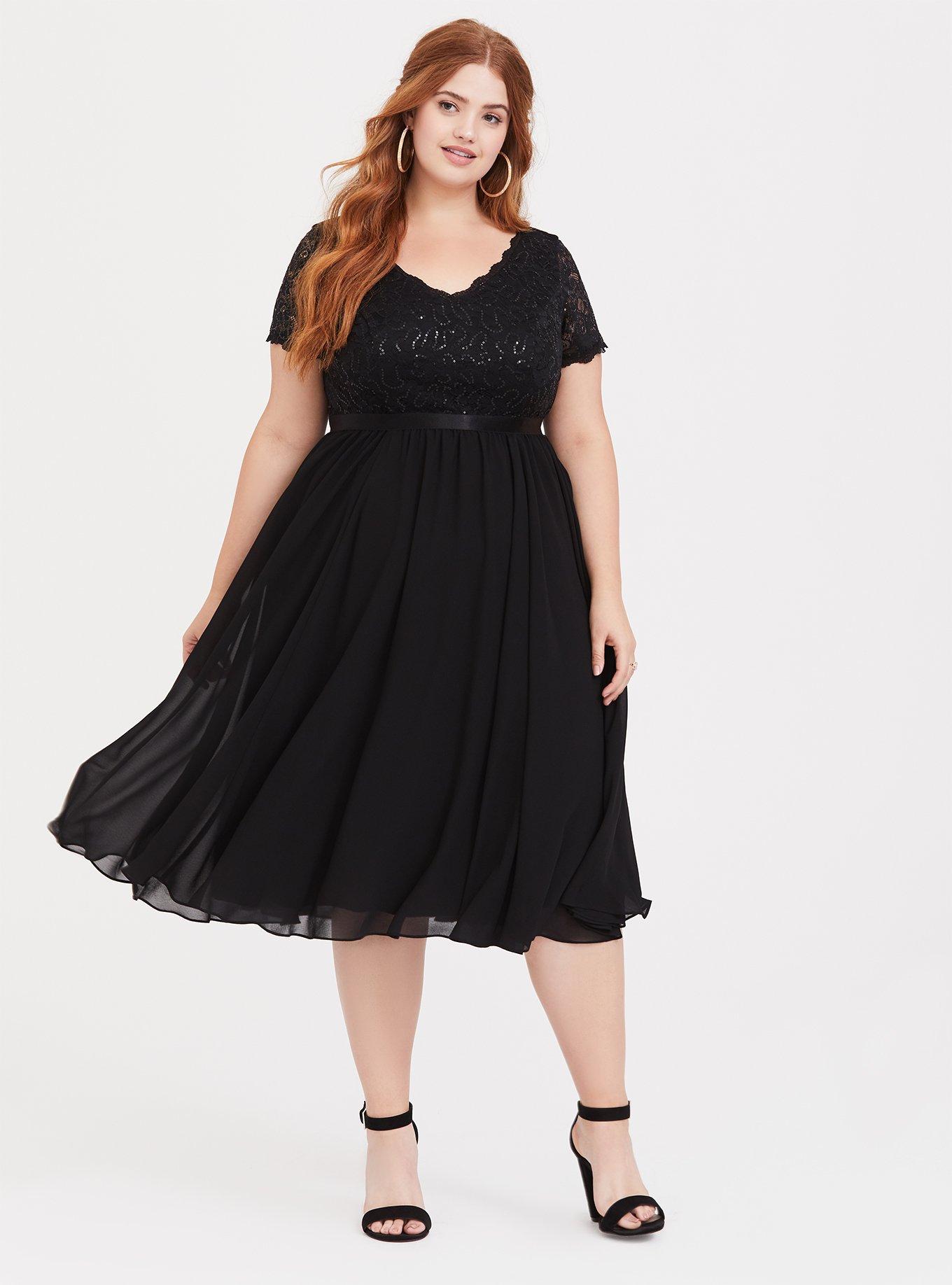 Plus Size - Black Sequin & Lace Chiffon Midi Dress - Torrid