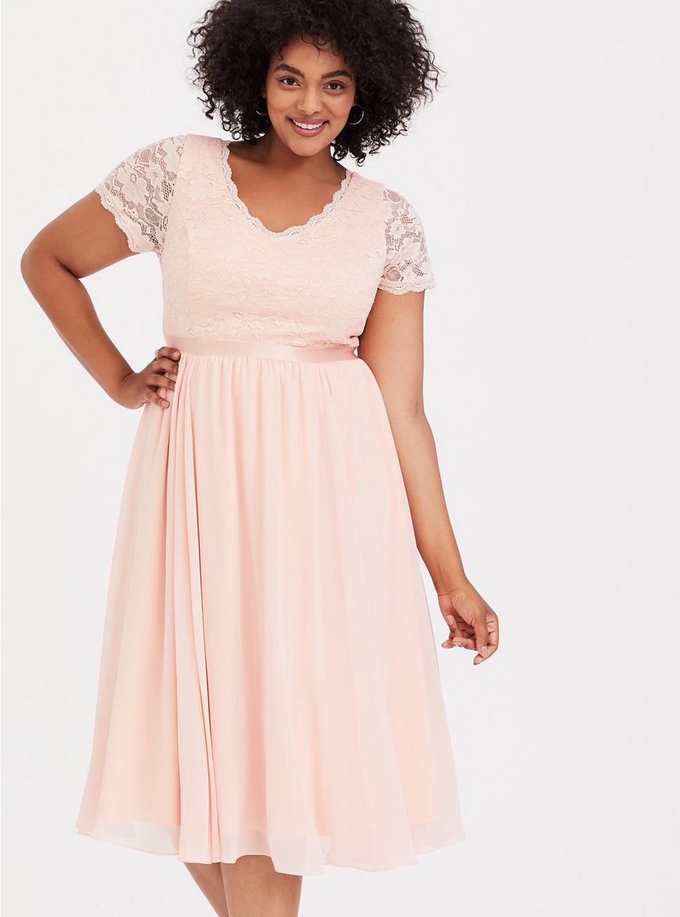 Plus Size - Peach Pink Sequin & Lace Midi Dress - Torrid