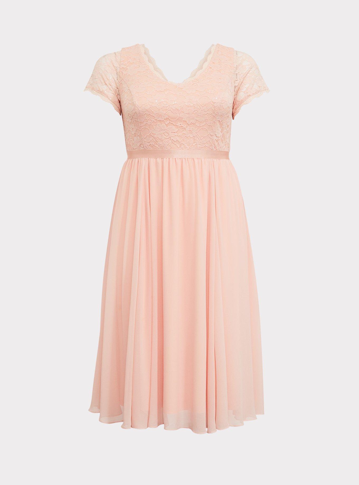 Peach Pink Sequin & Lace Midi Dress, , hi-res