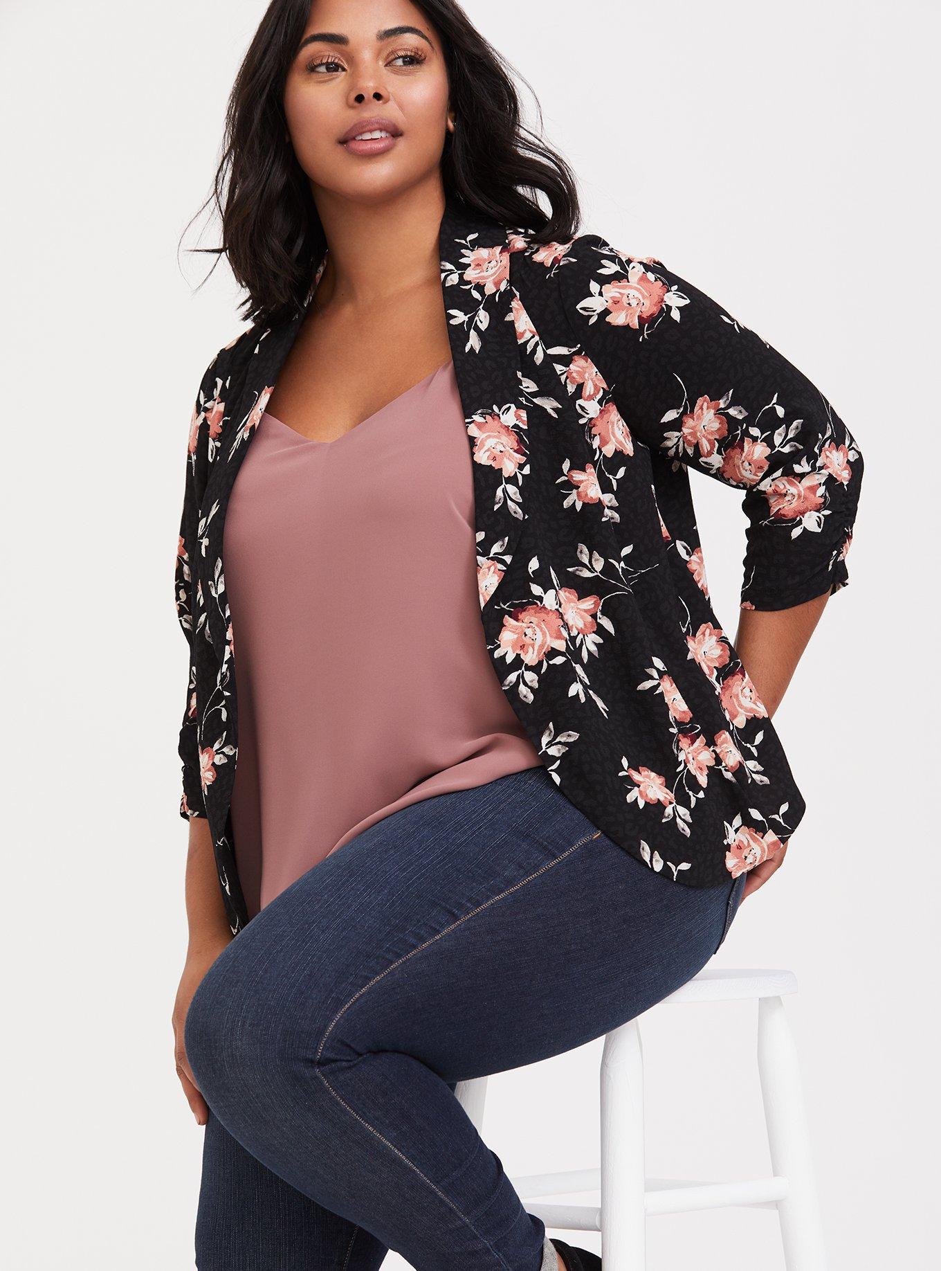 Knit Crepe Drape Blazer, BLACK FLORAL, alternate