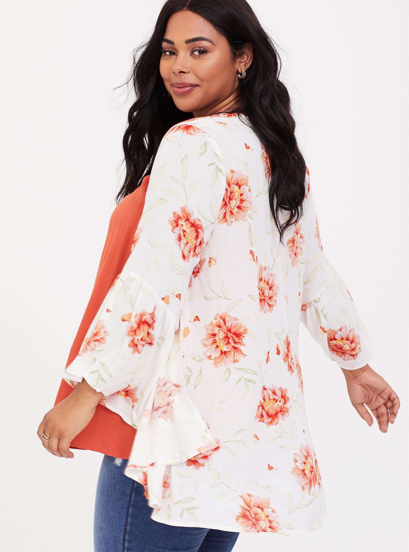 Ivory & Orange Floral Chiffon Kimono, NONEC, alternate