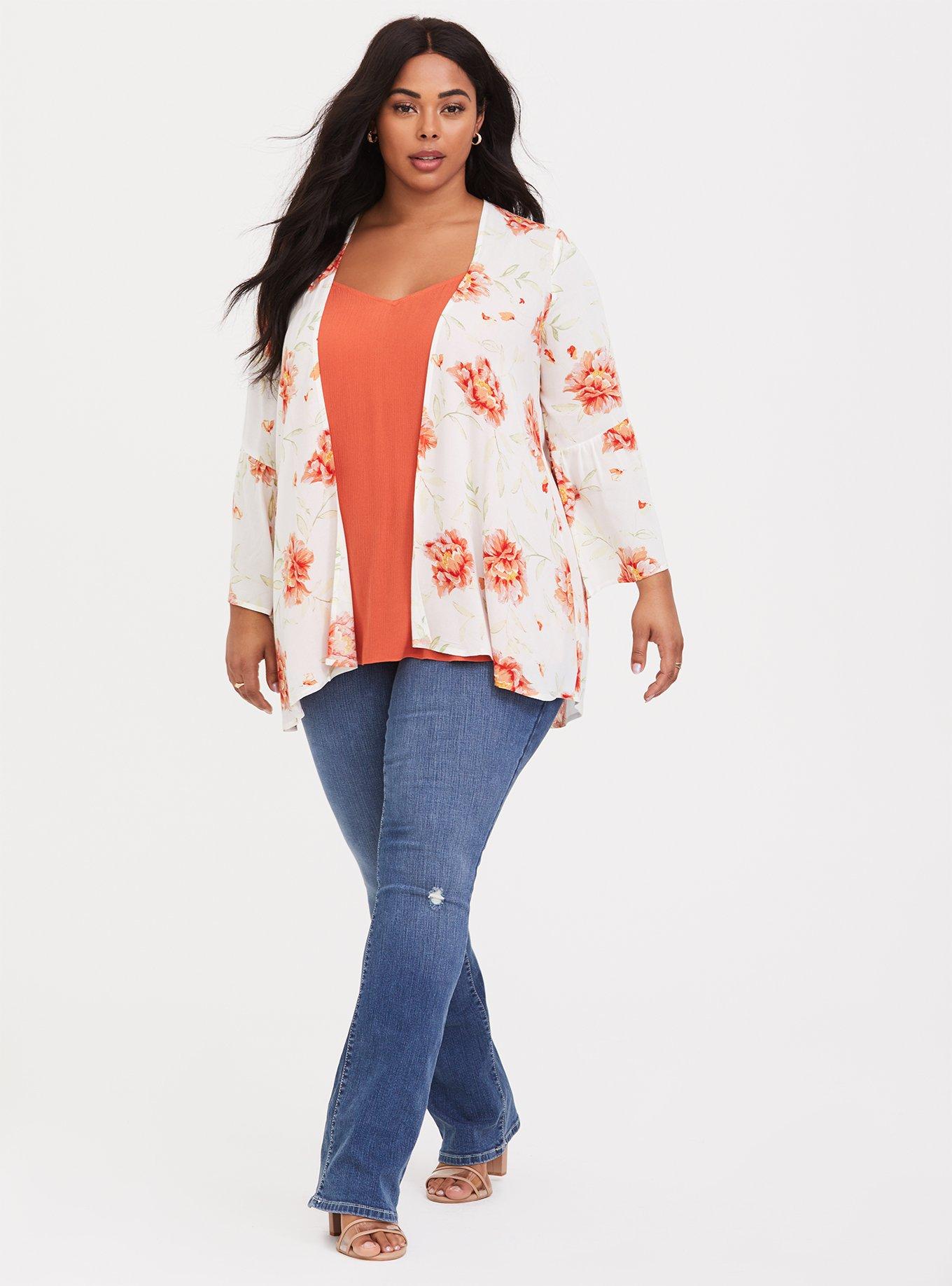Ivory & Orange Floral Chiffon Kimono, NONEC, alternate