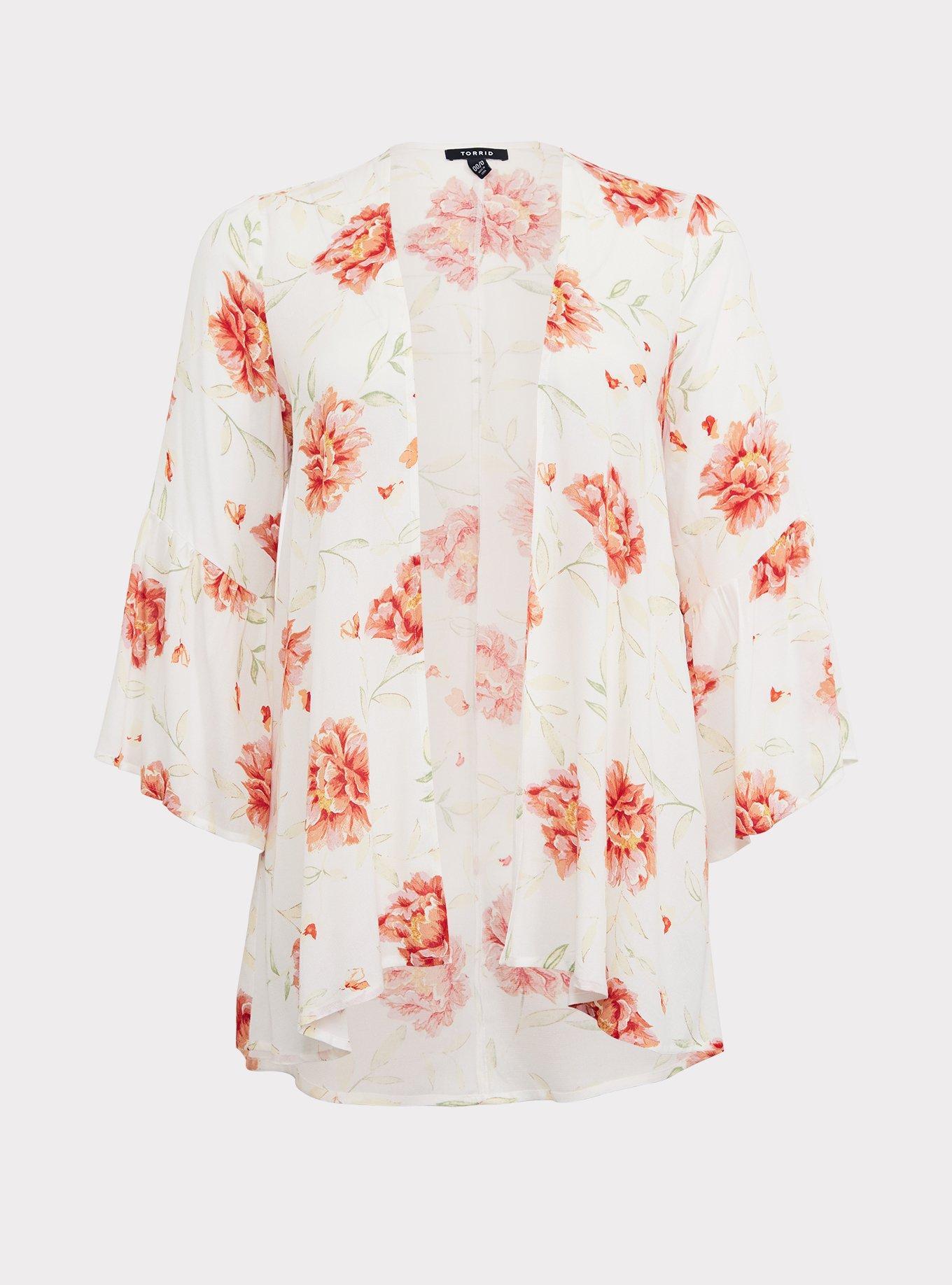 Plus Size - Ivory & Orange Floral Chiffon Kimono - Torrid