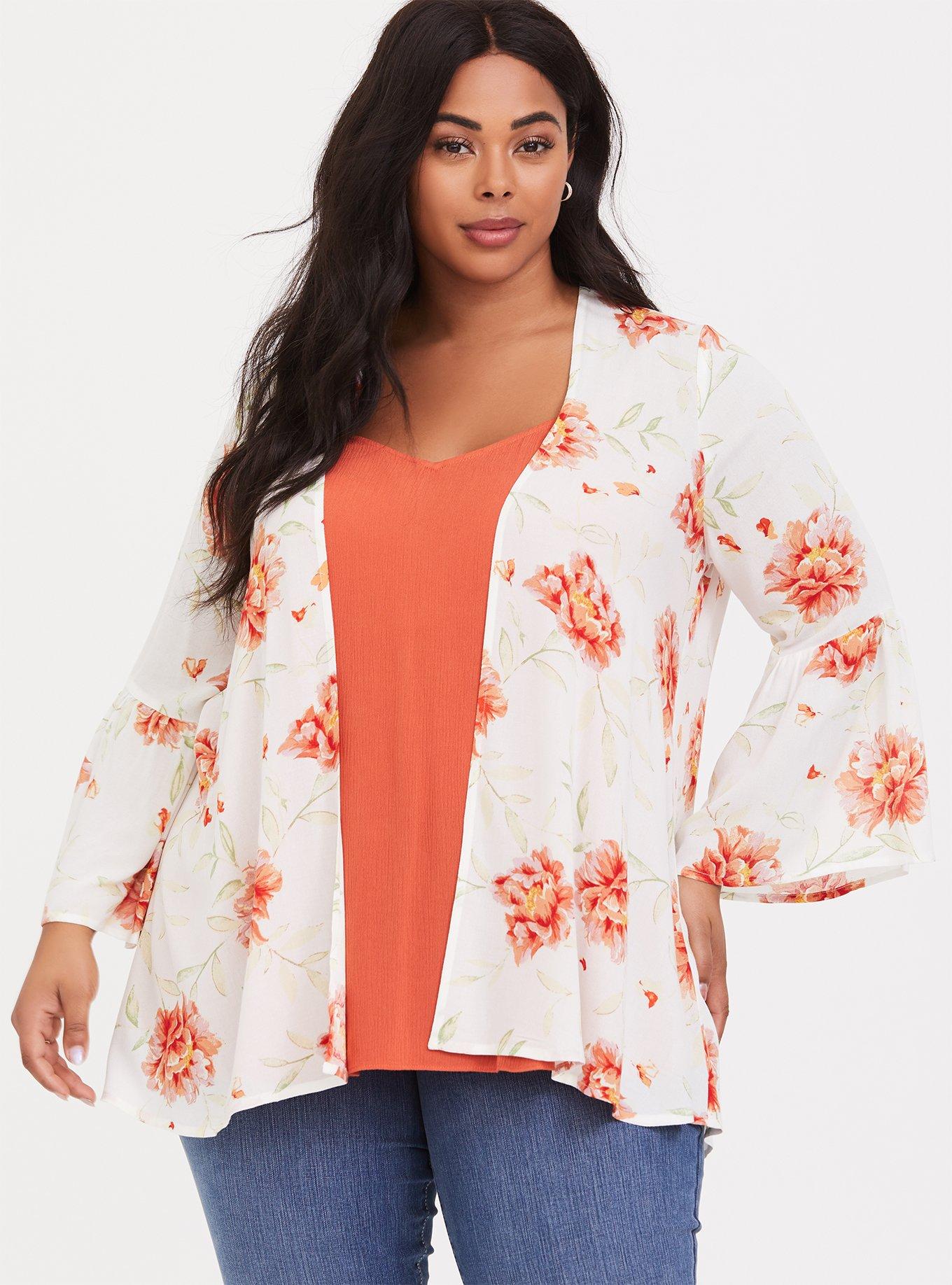 Plus Size Ivory Orange Floral Chiffon Kimono Torrid