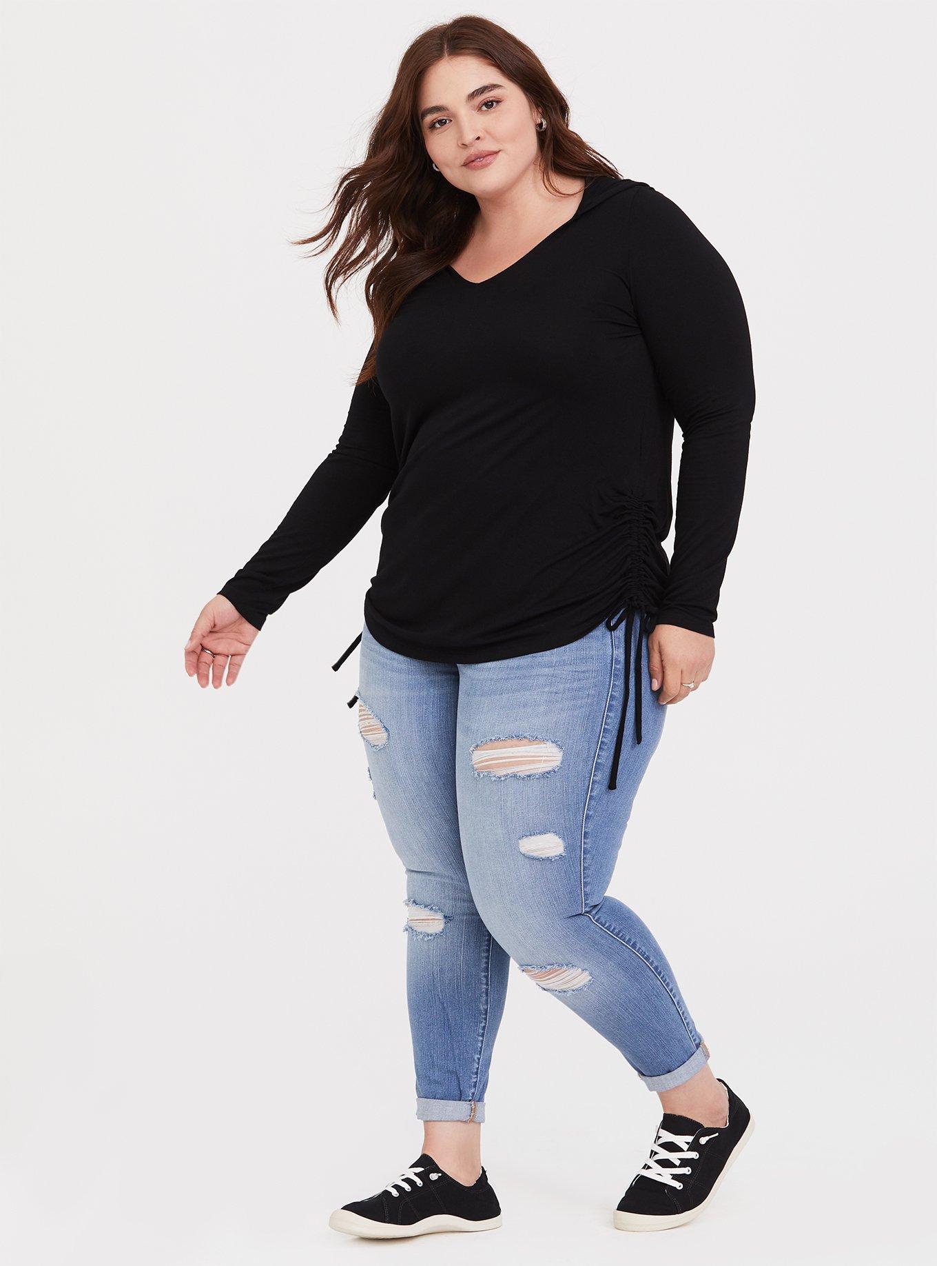 Plus Size Super Soft V-Neck Side Tie Hoodie, DEEP BLACK, alternate