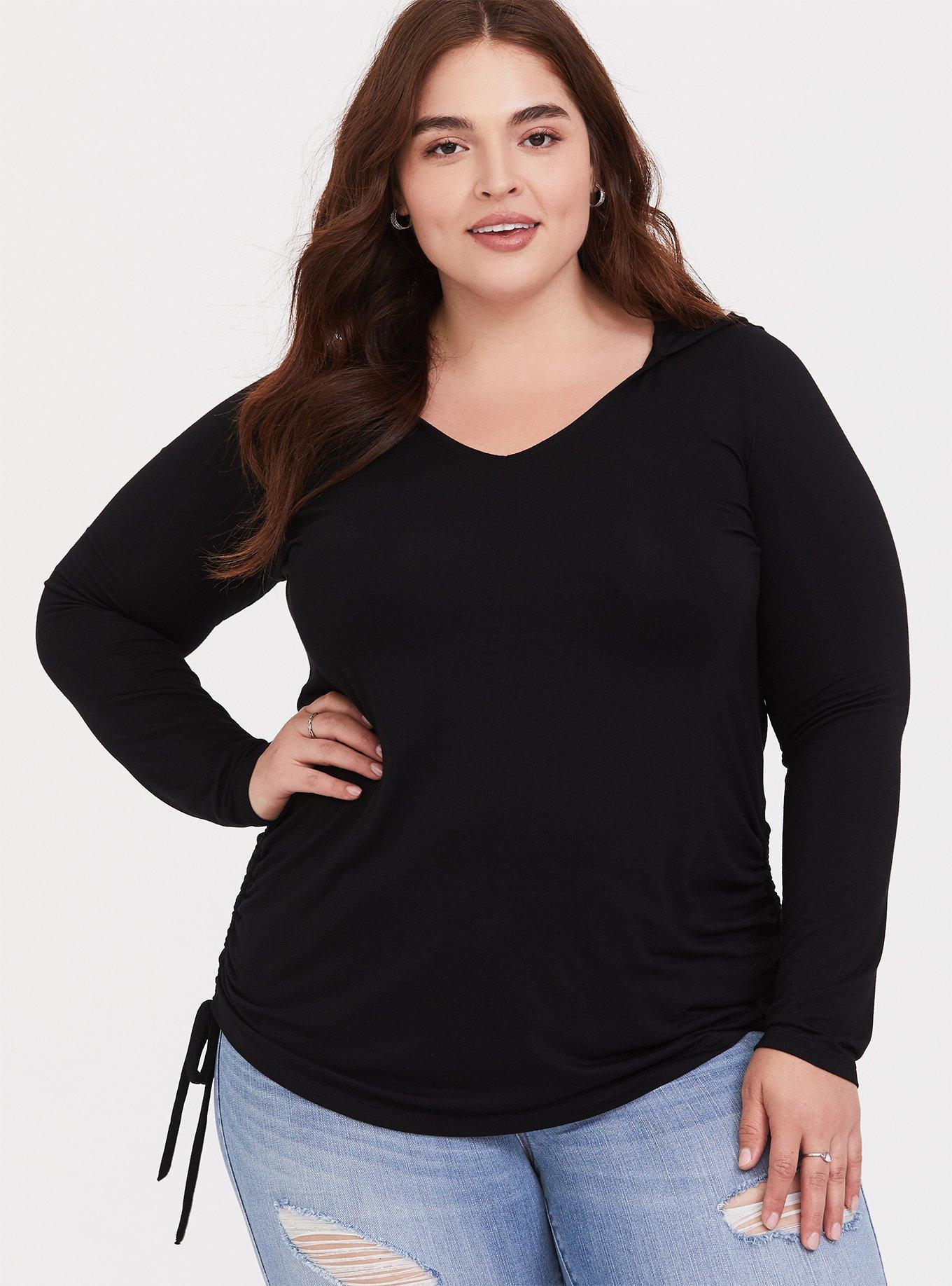 Plus Size Super Soft V-Neck Side Tie Hoodie, DEEP BLACK, alternate