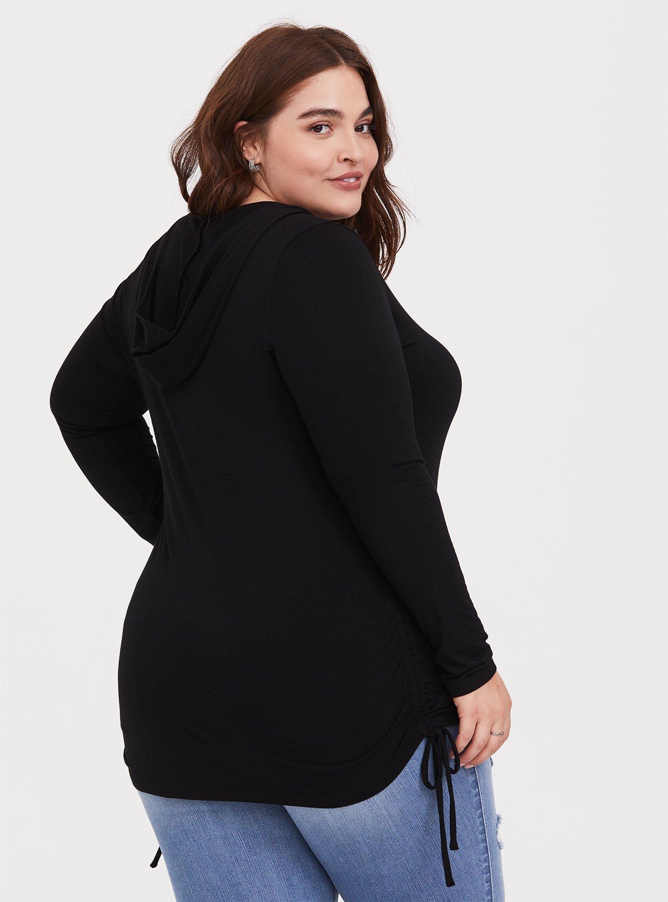 Plus Size Super Soft V-Neck Side Tie Hoodie, DEEP BLACK, alternate