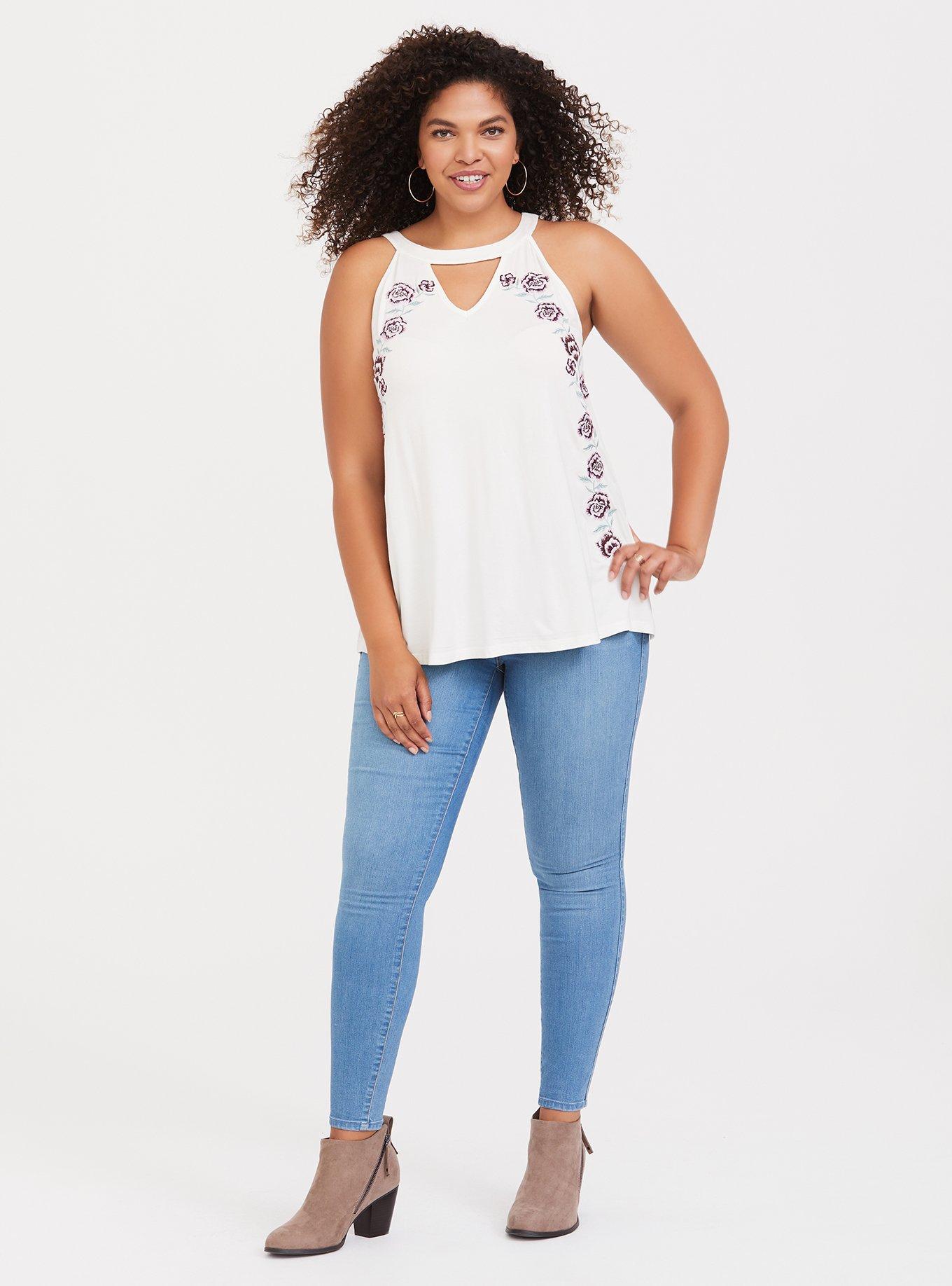 Super Soft White Floral Embroidered Goddess Tank, WHITE, alternate