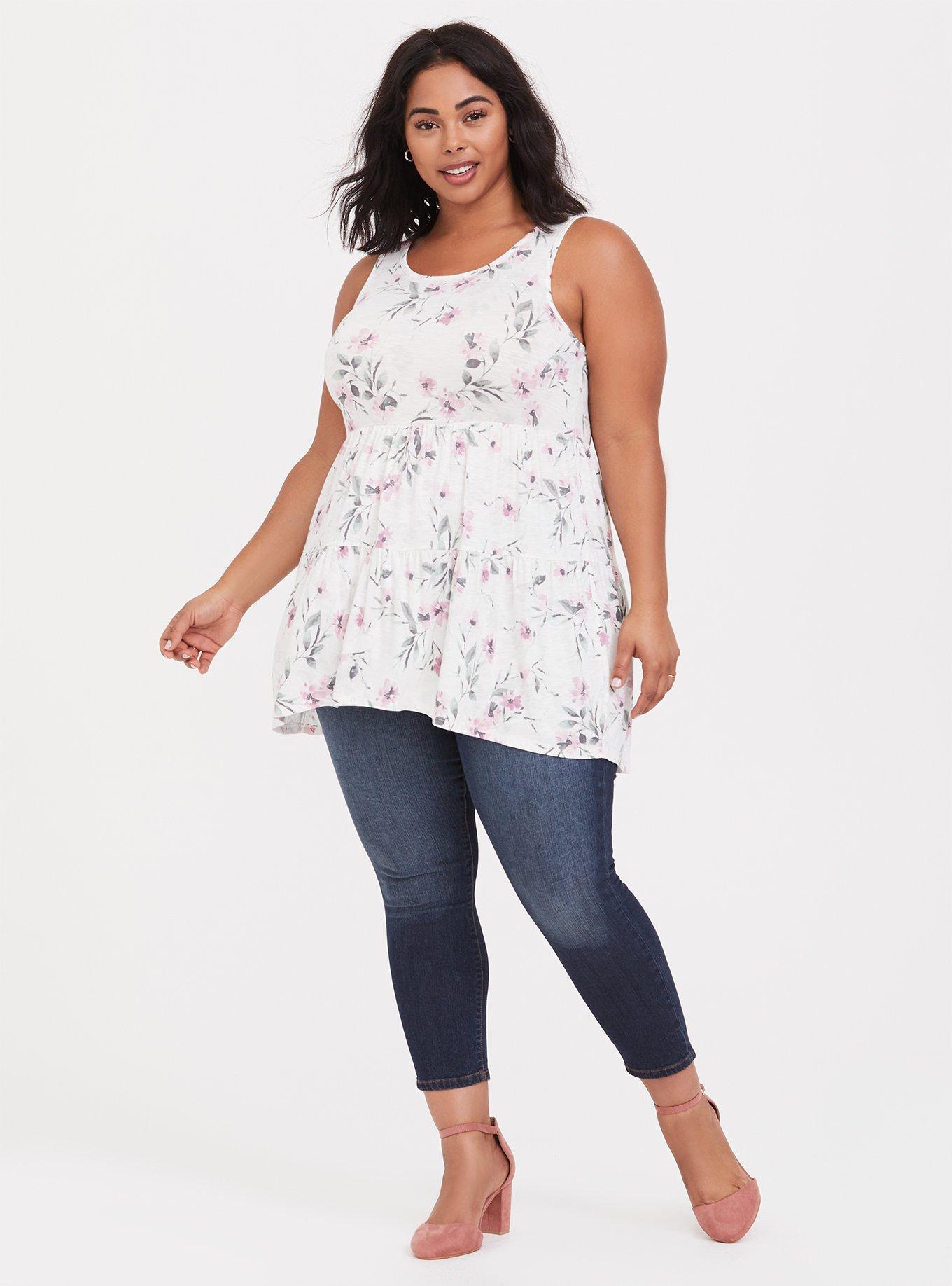 New PLUS SIZE Womens IVORY WHITE FLORAL TIERED BABYDOLL SHIRT TUNIC 1X 2X  3X USA 