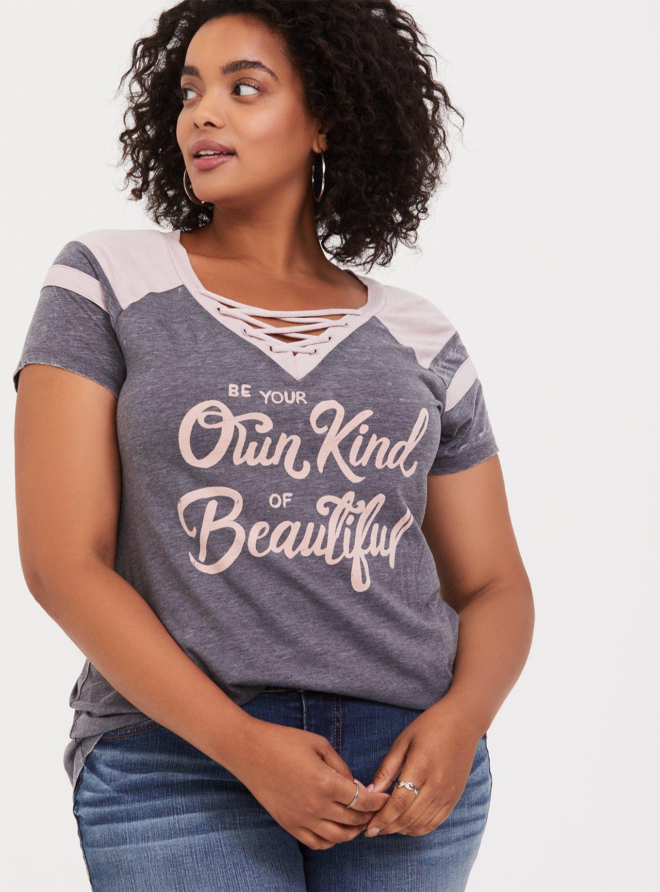 Plus Size Own Kind of Beautiful Grey & Pink Lace-Up Football Tee, MEDIUM HEATHER GREY, alternate