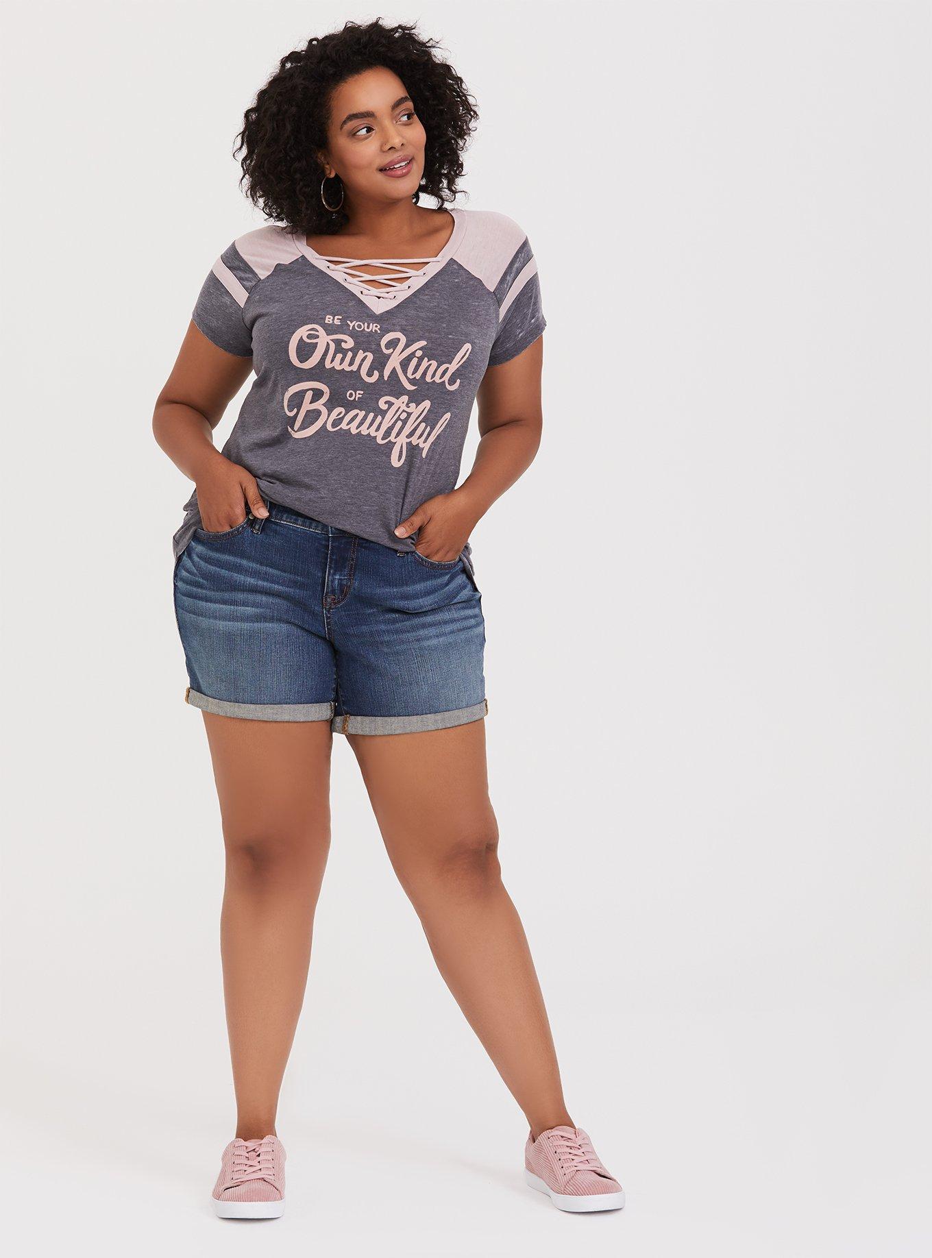 Plus Size Own Kind of Beautiful Grey & Pink Lace-Up Football Tee, MEDIUM HEATHER GREY, alternate