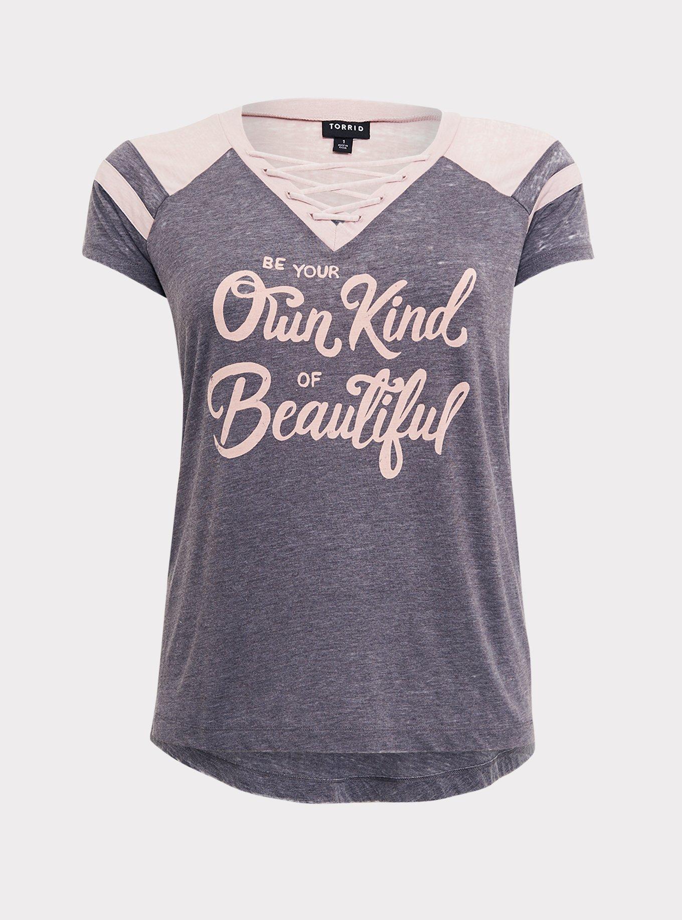Plus Size Own Kind of Beautiful Grey & Pink Lace-Up Football Tee, MEDIUM HEATHER GREY, hi-res