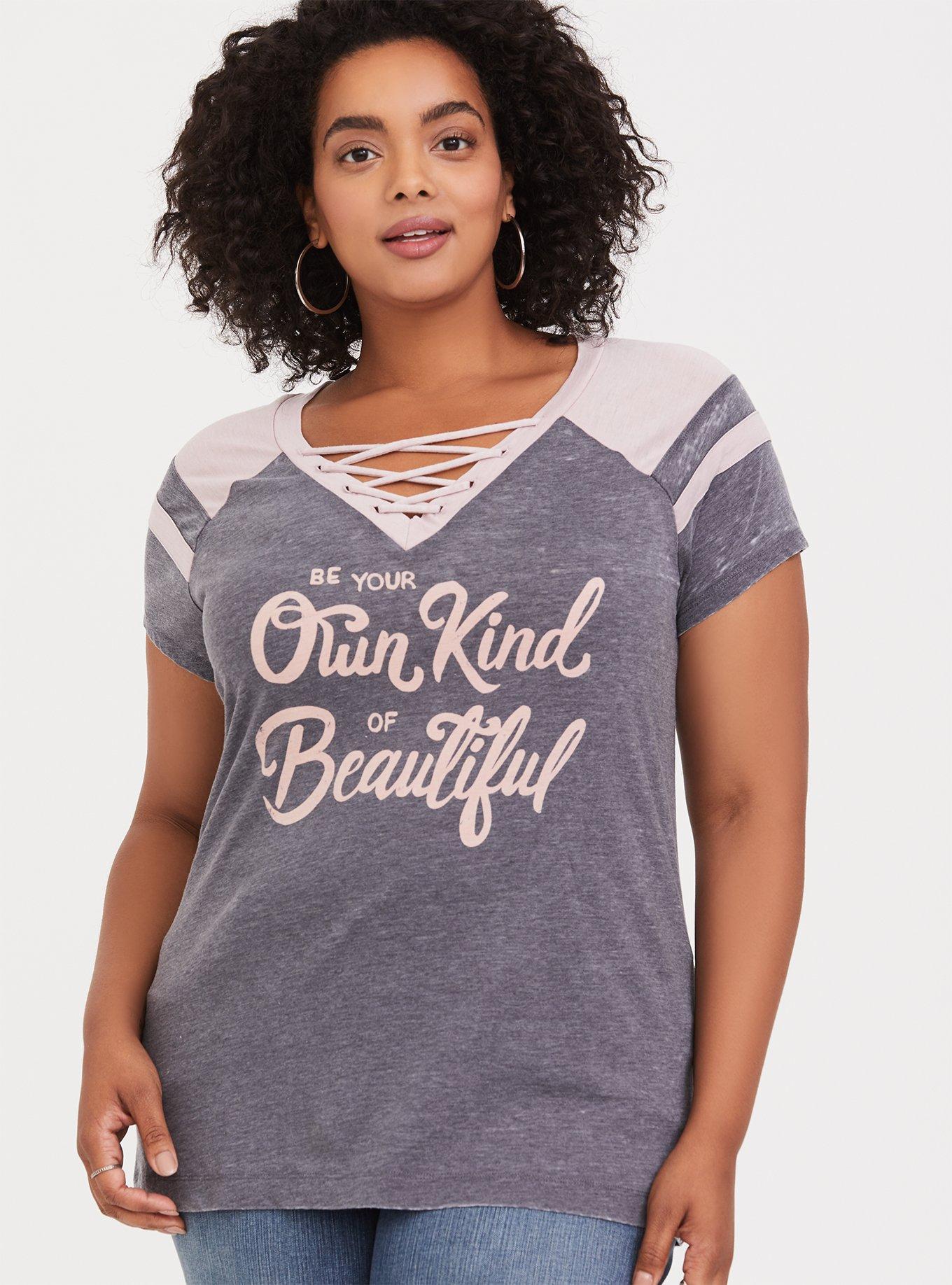 Plus Size Own Kind of Beautiful Grey & Pink Lace-Up Football Tee, MEDIUM HEATHER GREY, hi-res