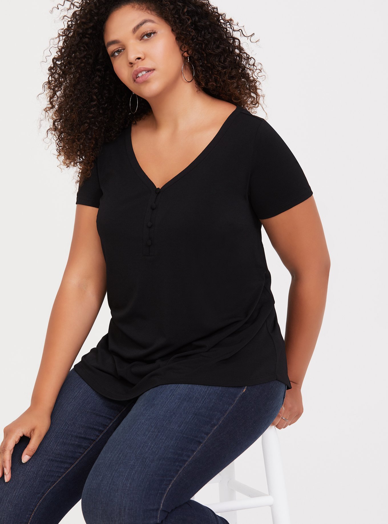 Studio Knit Button-Front V-Neck Top, DEEP BLACK, alternate