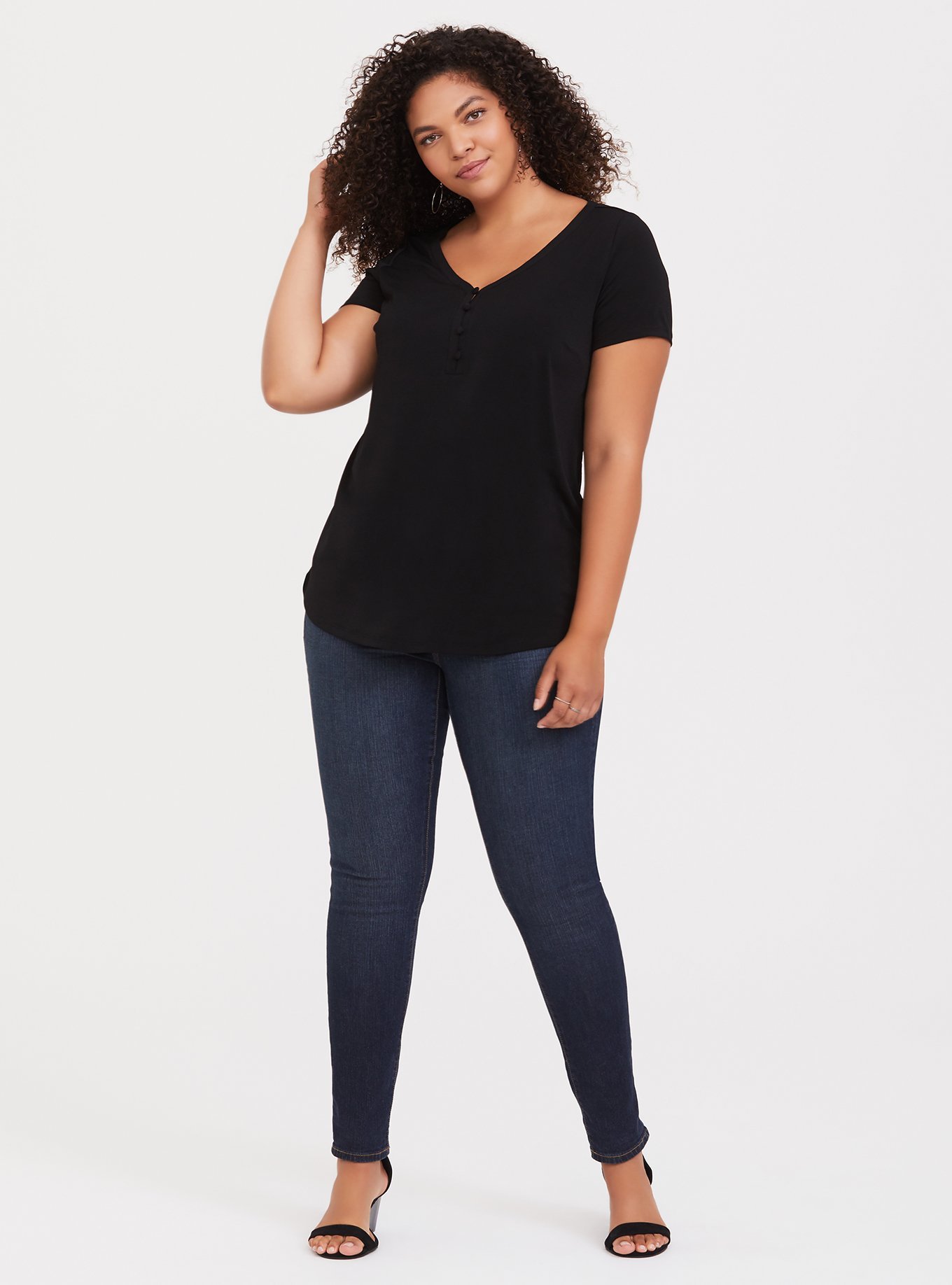 Studio Knit Button-Front V-Neck Top, DEEP BLACK, alternate