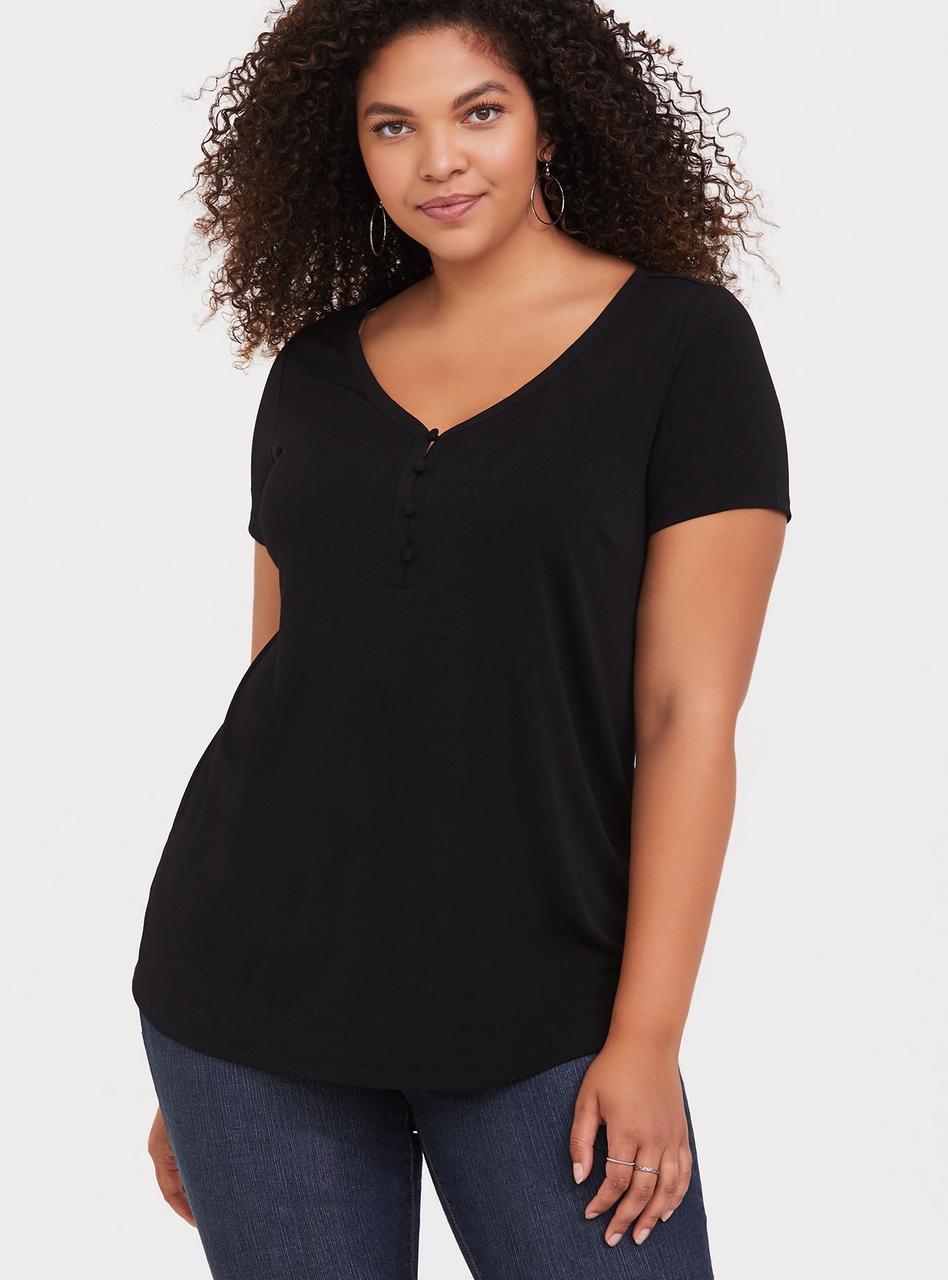 Studio Knit Button-Front V-Neck Top, DEEP BLACK, hi-res