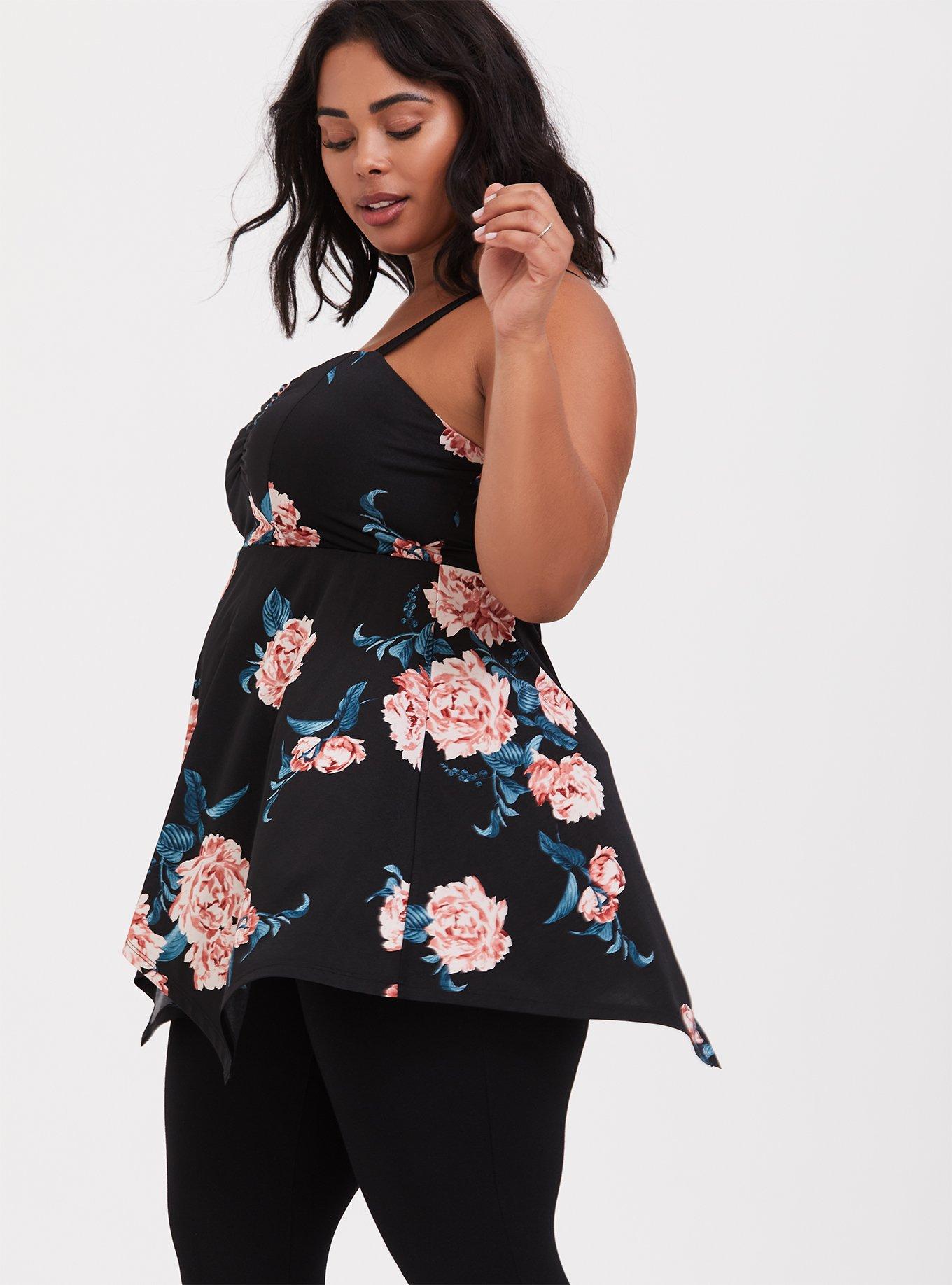 Black Floral Handkerchief Babydoll Tunic Cami, FLORAL BLACK, alternate