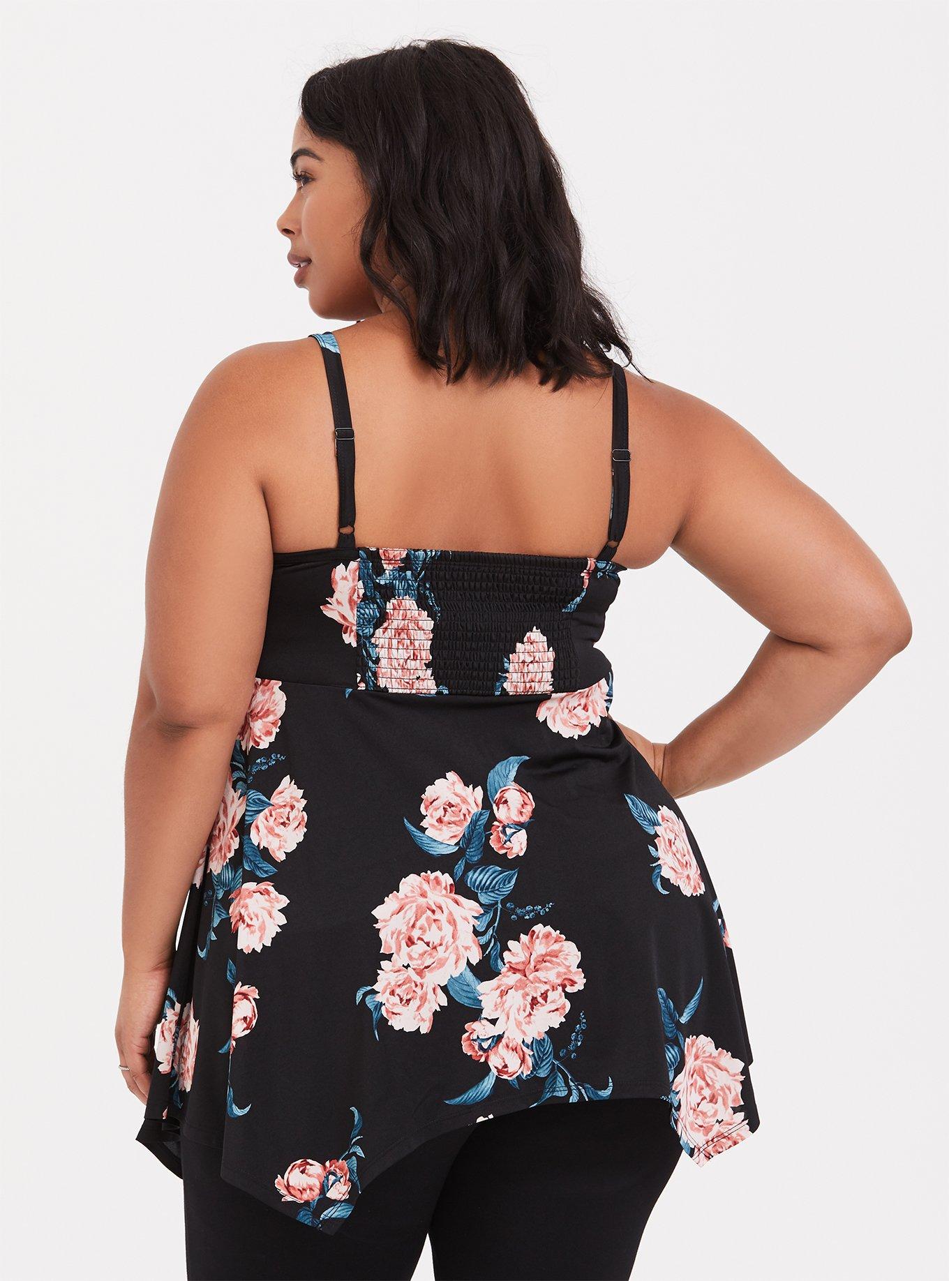 Black Floral Handkerchief Babydoll Tunic Cami, FLORAL BLACK, alternate