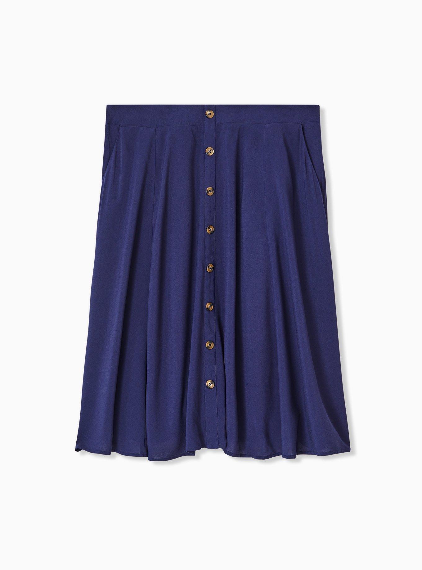 Plus Size Midi Challis Button-Front Skirt, PEACOAT, hi-res