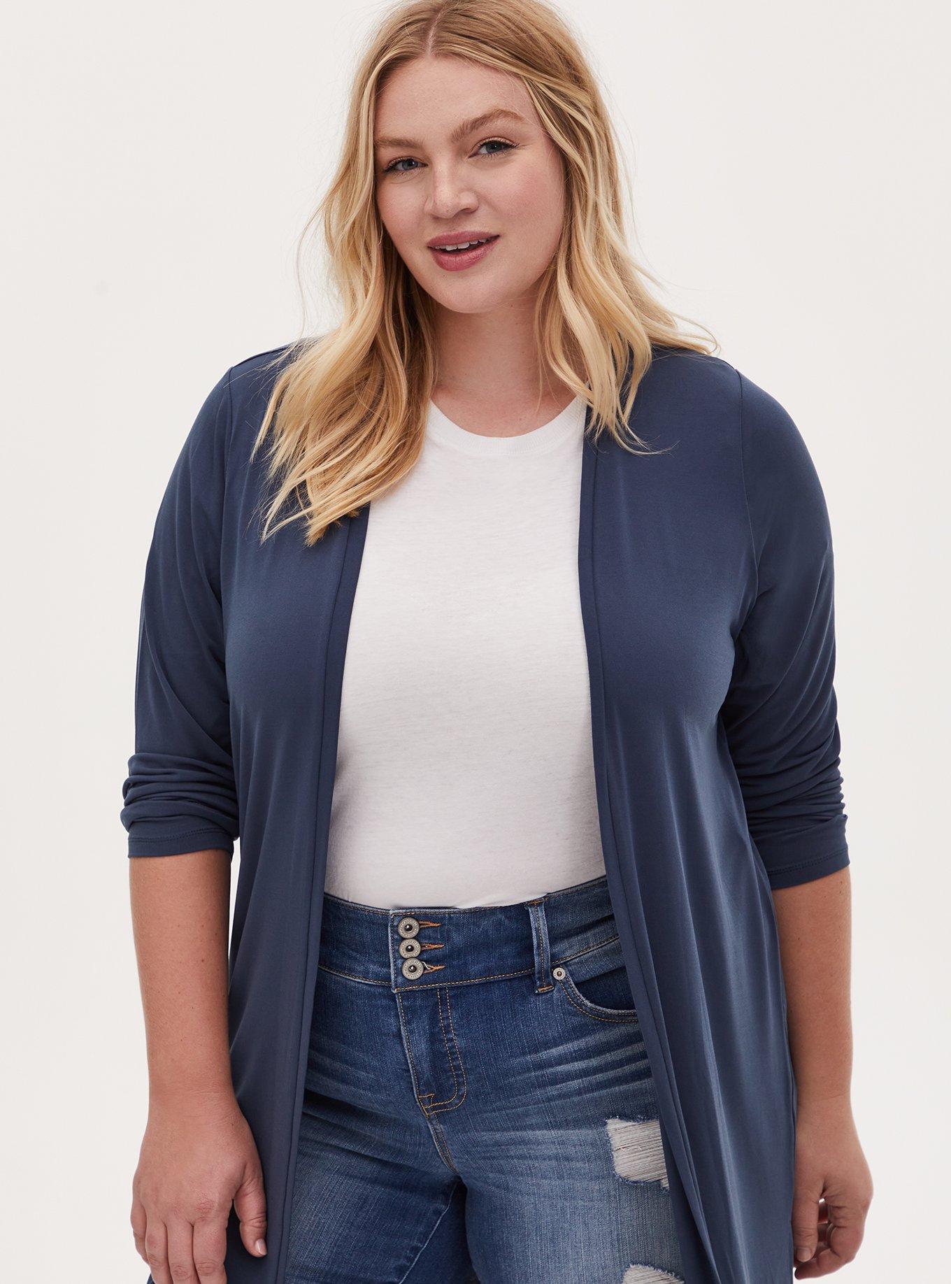 Plus Size Cardigan Open Front Longline Sweater, BLUE, alternate