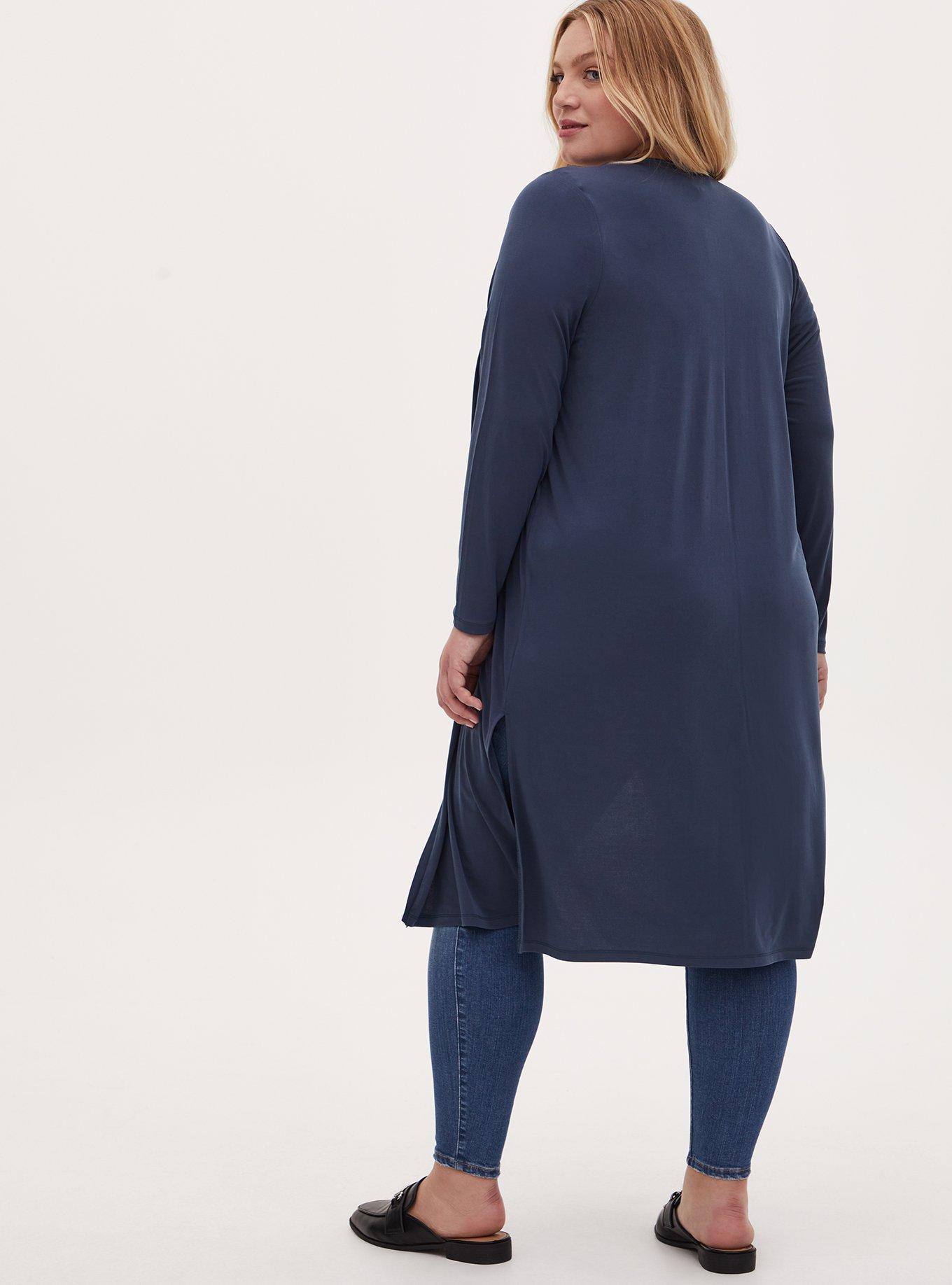 Plus Size Cardigan Open Front Longline Sweater, BLUE, alternate