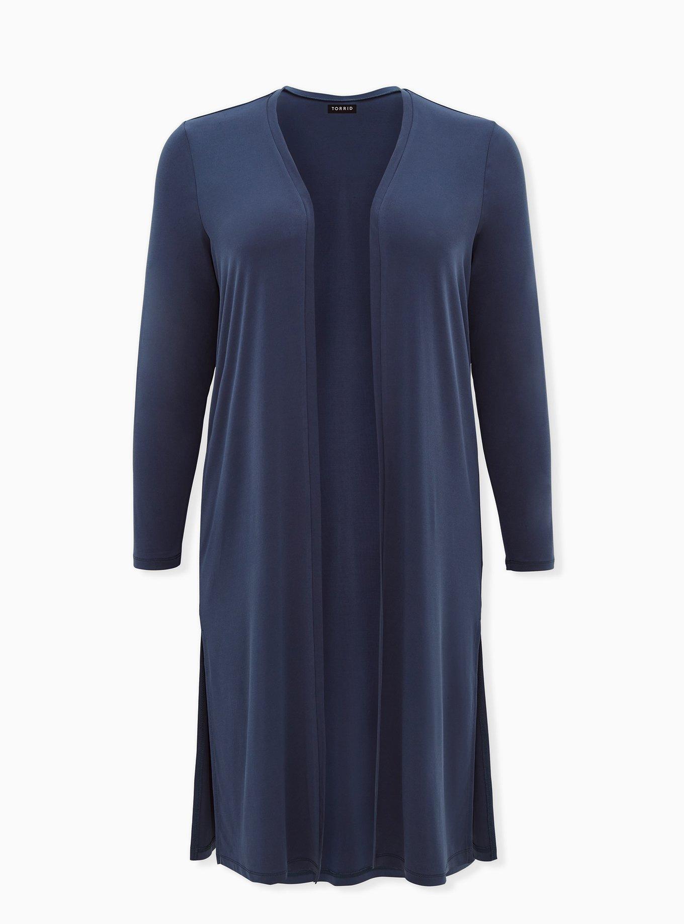 Plus Size Cardigan Open Front Longline Sweater, BLUE, hi-res