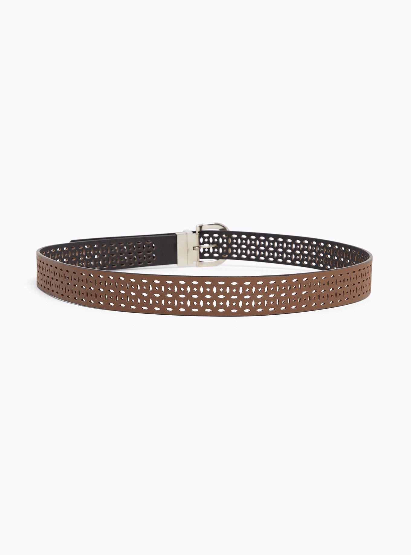 Plus Size Black & Brown Reversible Laser Cut Belt, BLACK, alternate