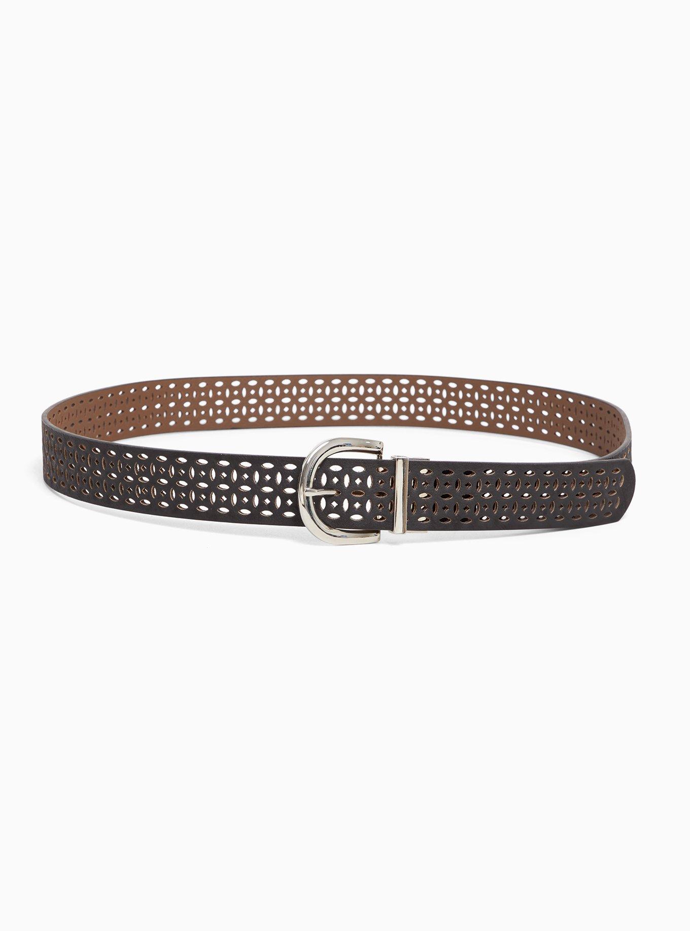 Plus Size Black & Brown Reversible Laser Cut Belt, BLACK, alternate