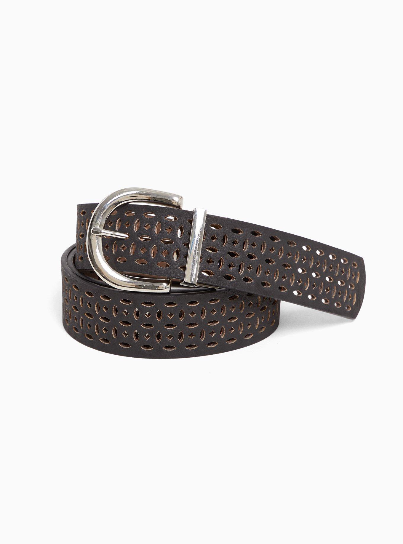 Plus Size Black & Brown Reversible Laser Cut Belt, BLACK, hi-res