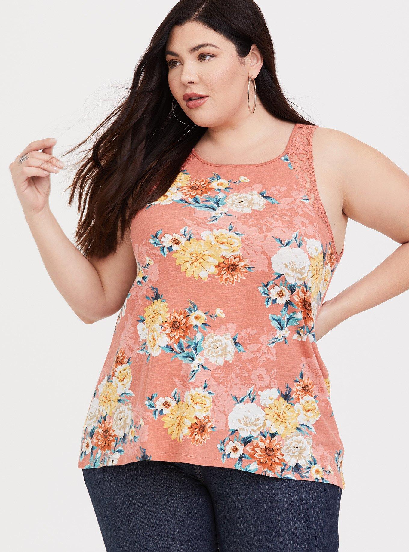 Plus Size - Heritage Slub V-Neck Lace Inset Hi-Low Hem Tank - Torrid