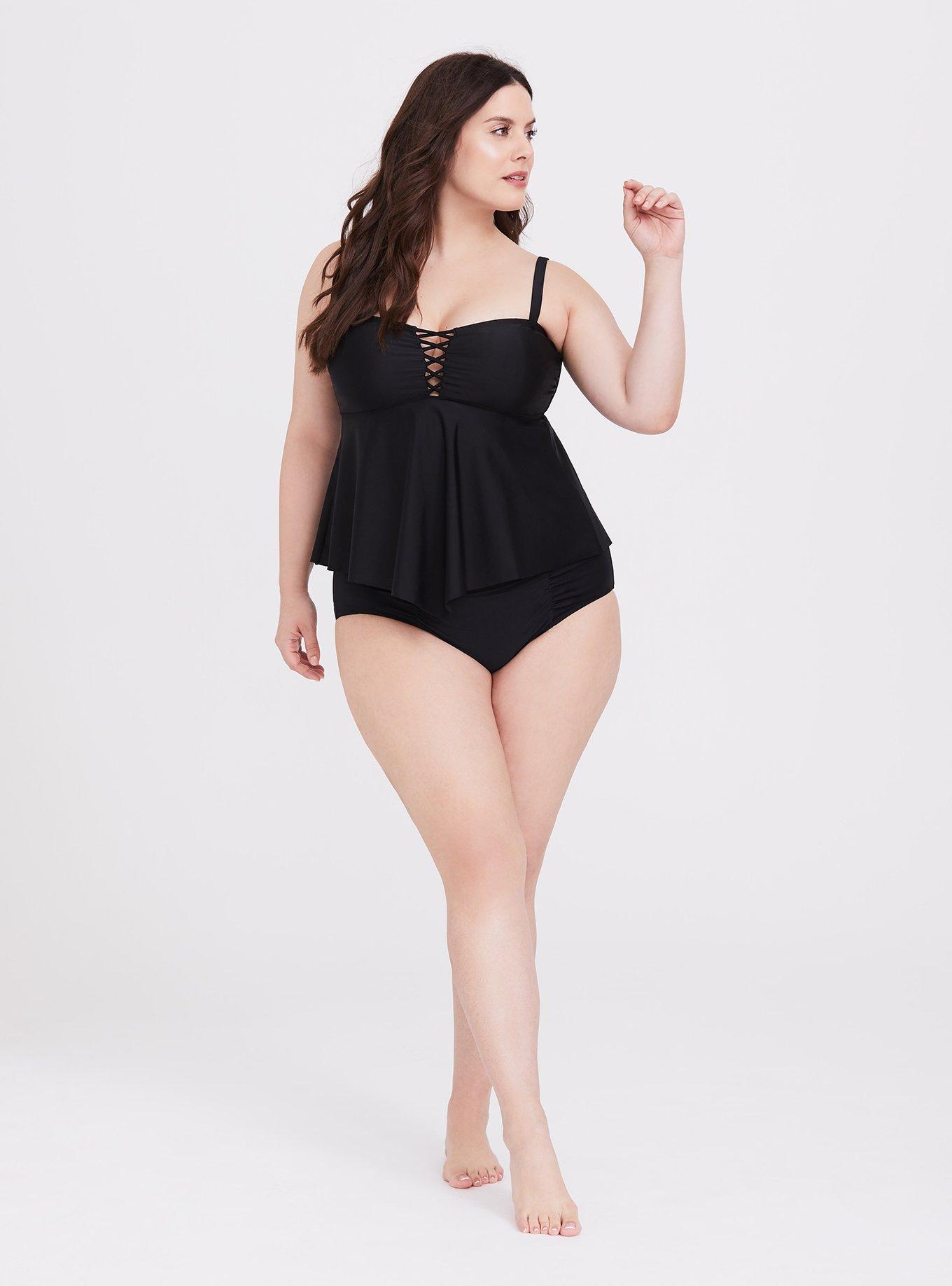 Wireless Lattice Front Flowy Tankini, DEEP BLACK, alternate
