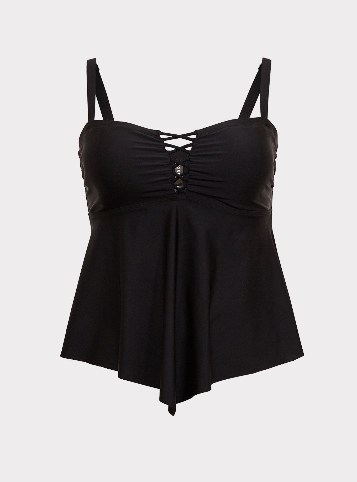 Wireless Lattice Front Flowy Tankini, DEEP BLACK, hi-res