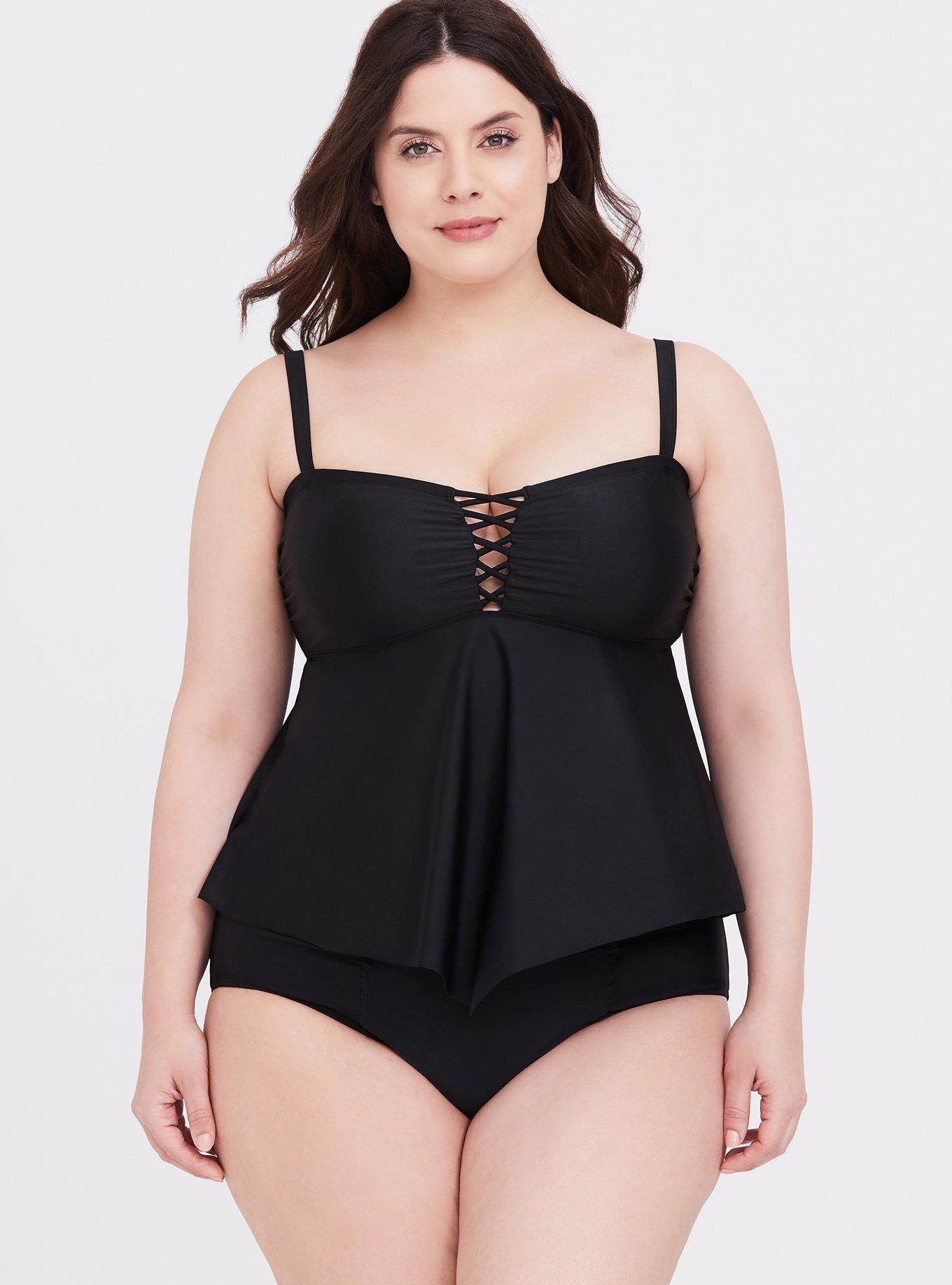 Wireless Lattice Front Flowy Tankini, DEEP BLACK, hi-res