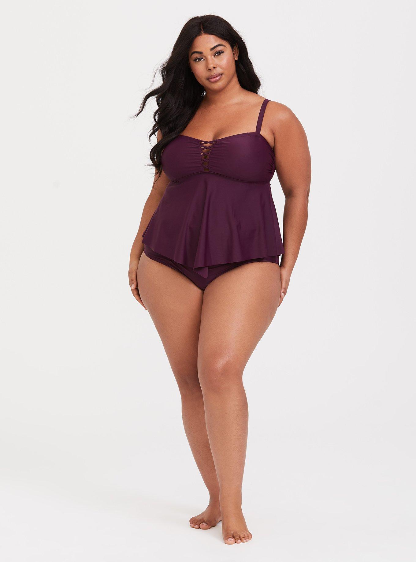 Plus Size Wireless Lattice Front Flowy Tankini, PLUM, alternate