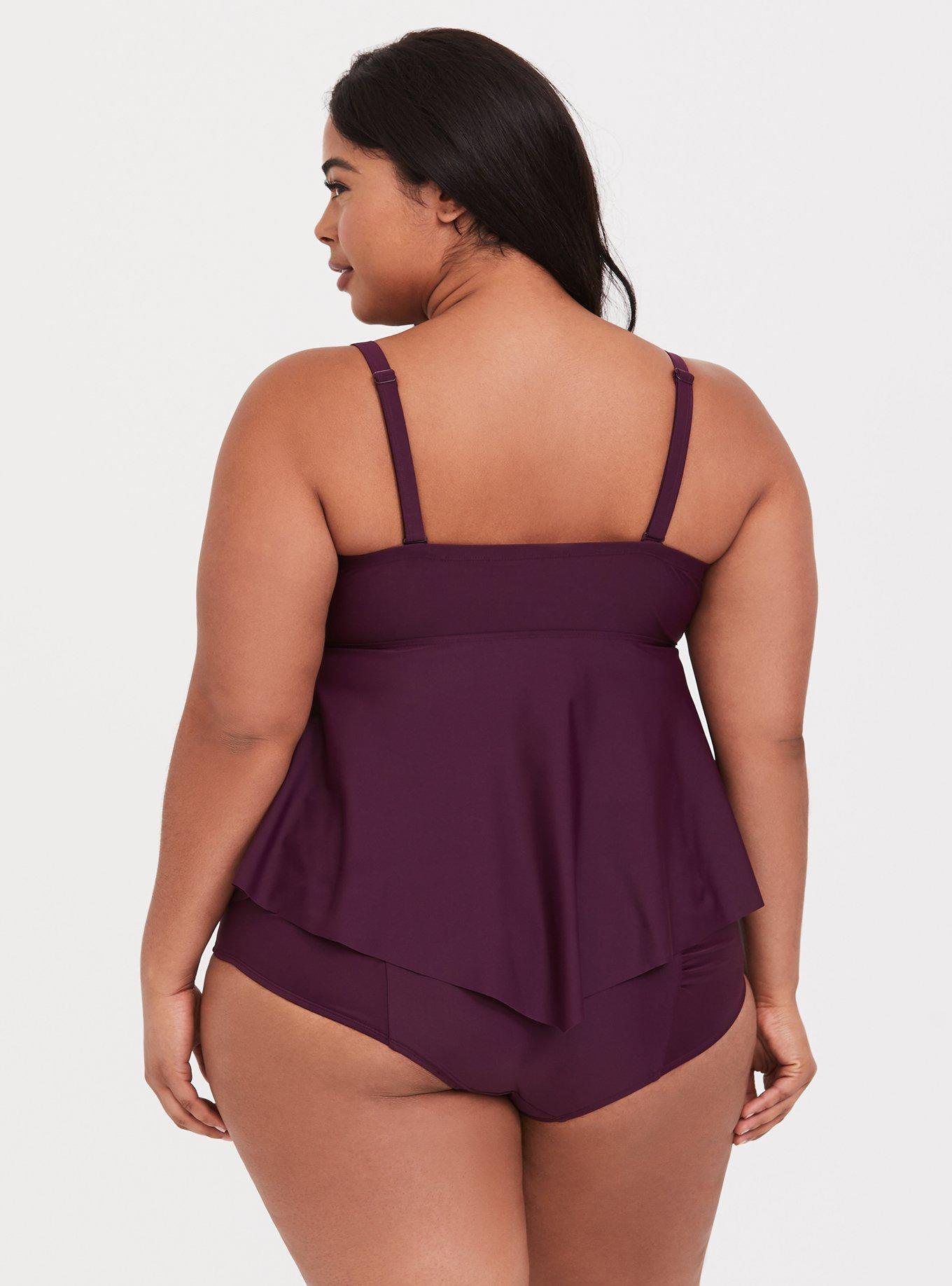 Plus Size Wireless Lattice Front Flowy Tankini, PLUM, alternate