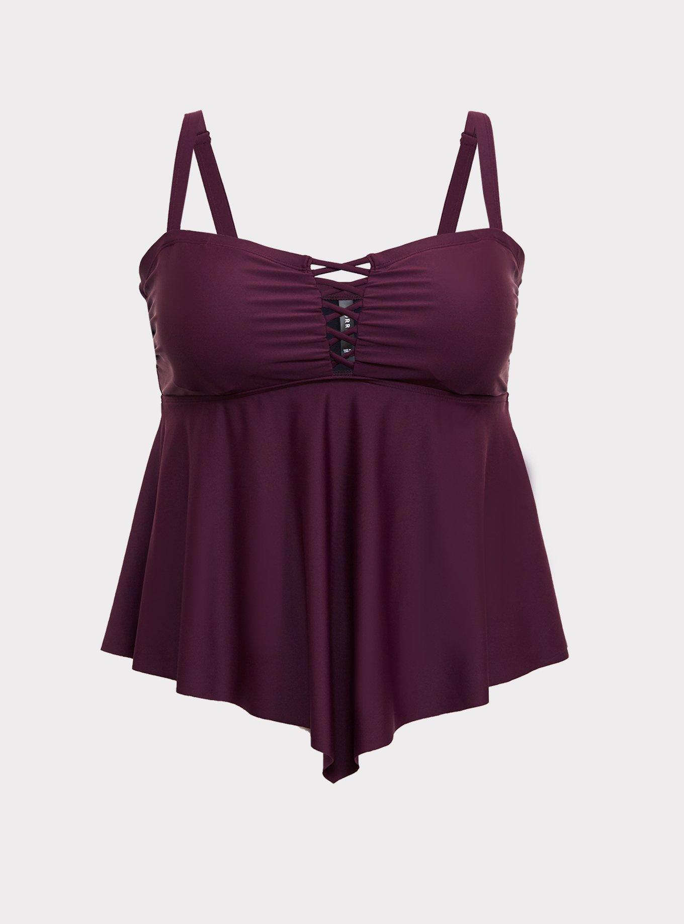 Plus Size Wireless Lattice Front Flowy Tankini, PLUM, hi-res