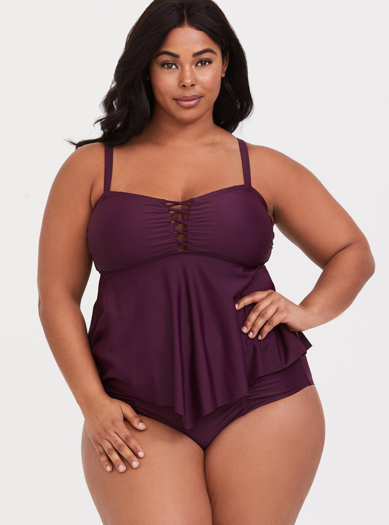 Plus Size Wireless Lattice Front Flowy Tankini, PLUM, hi-res
