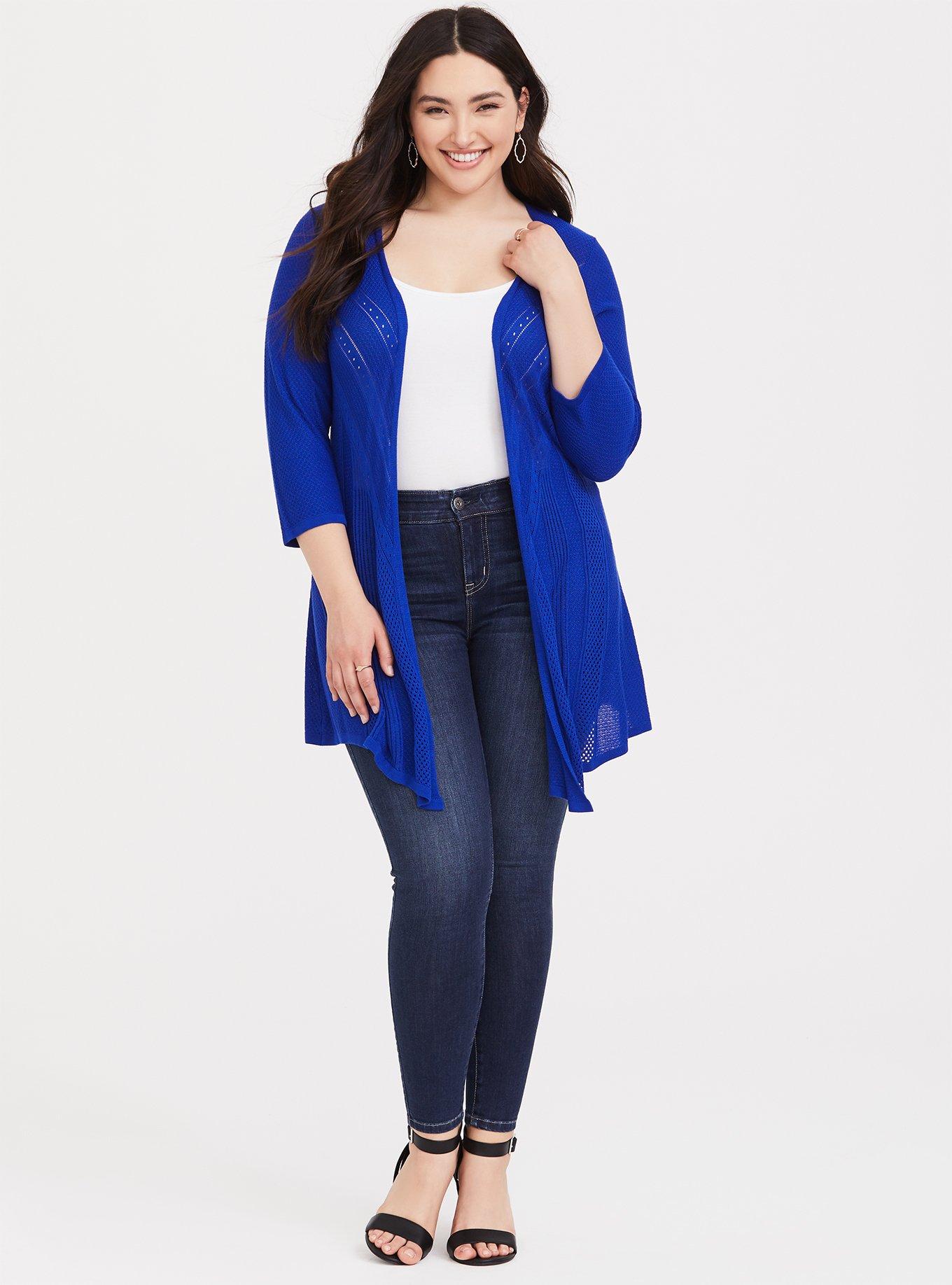 Pointelle Cardigan Open Front Sweater, BRIGHT BLUE, alternate